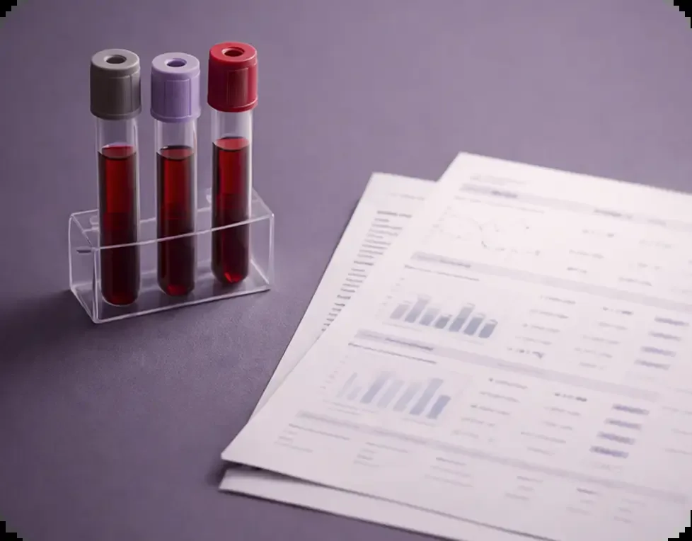 Blood collection tubes beside a lab report