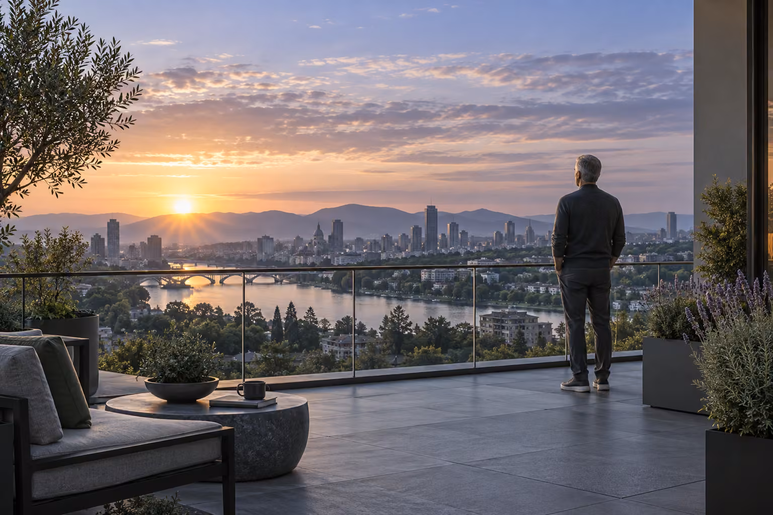 A man looking out over the city from a balcony at sunrise