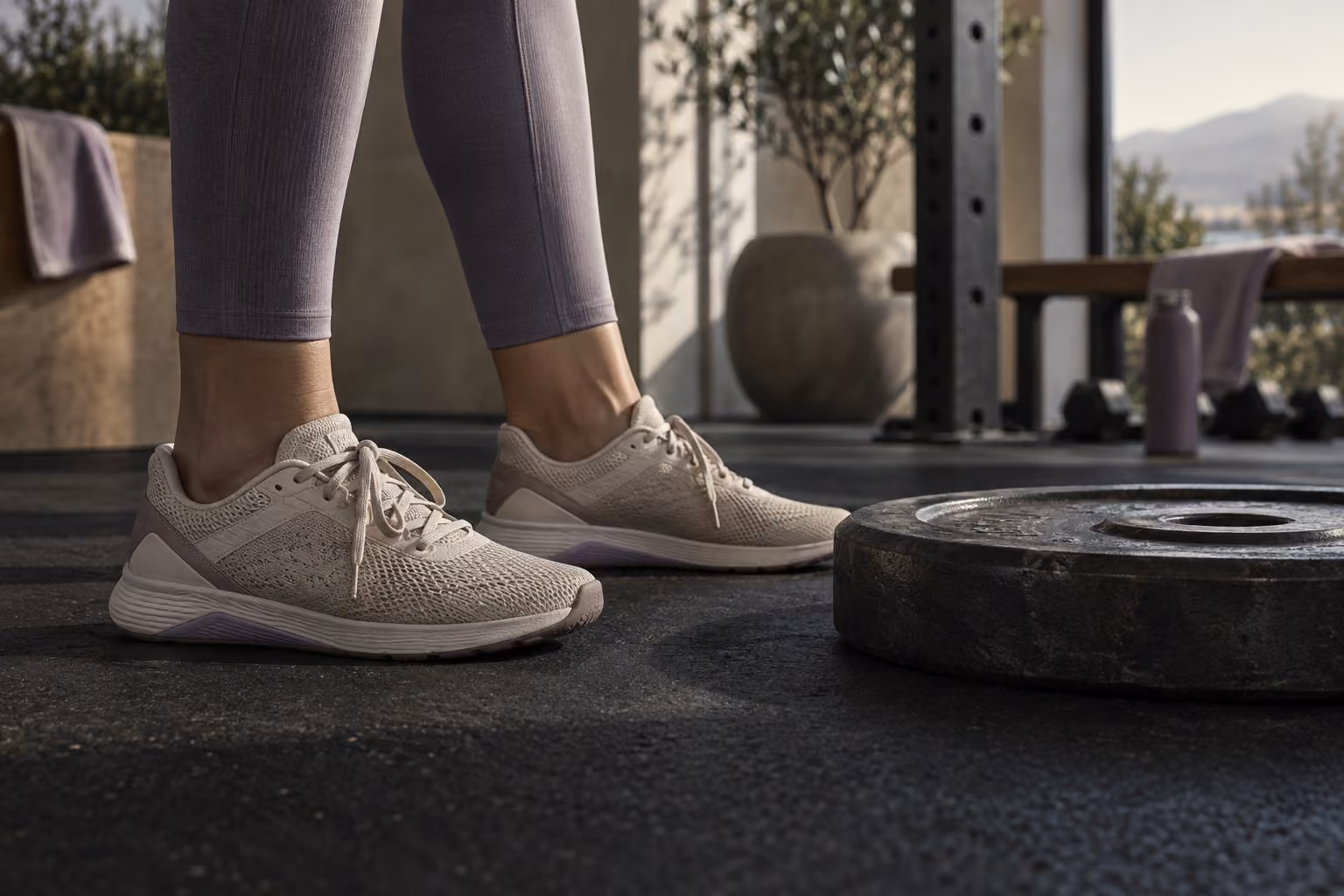 Training shoes beside a weight plate.