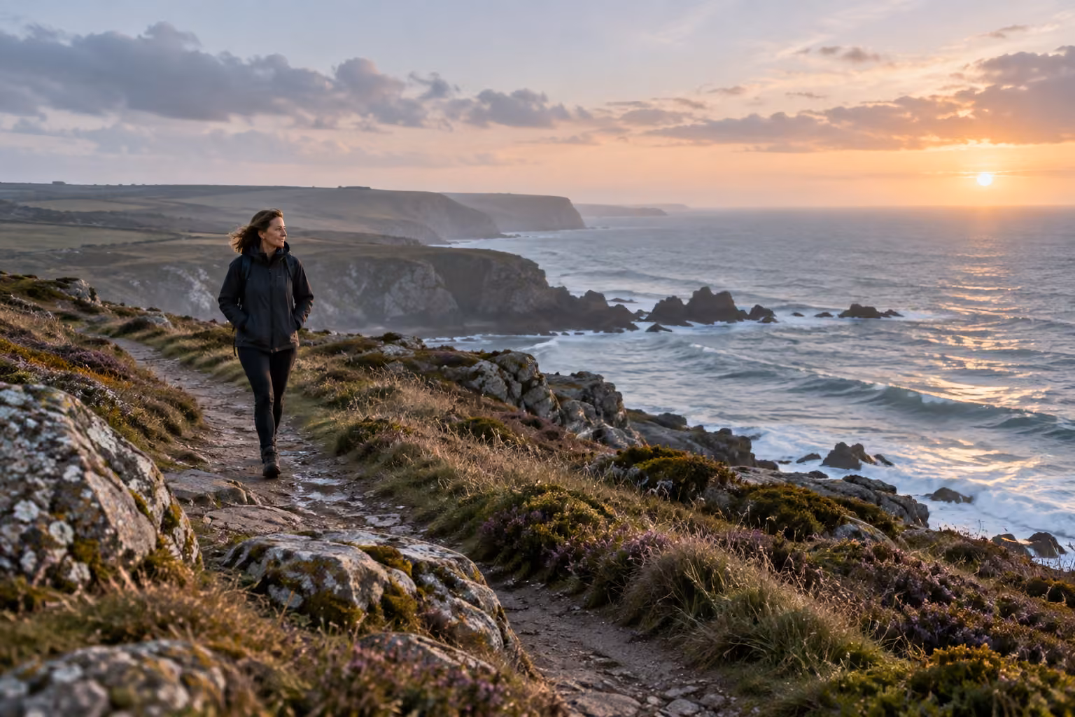 A woman walking on a coastal path in the morning