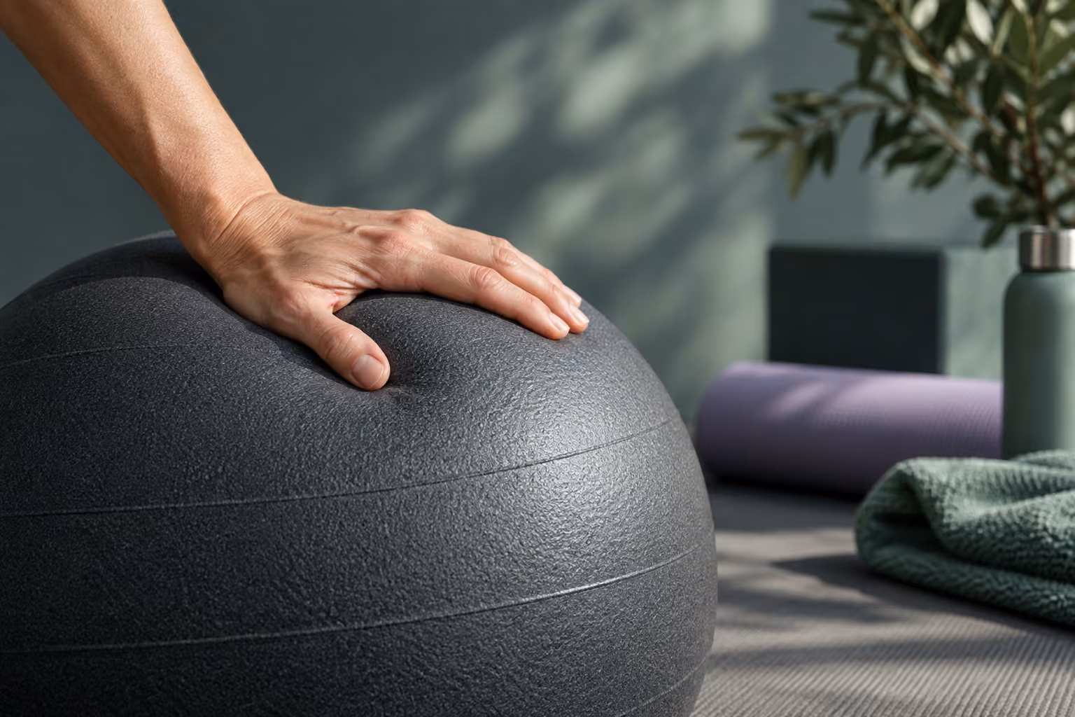 A hand pressing into an exercise ball