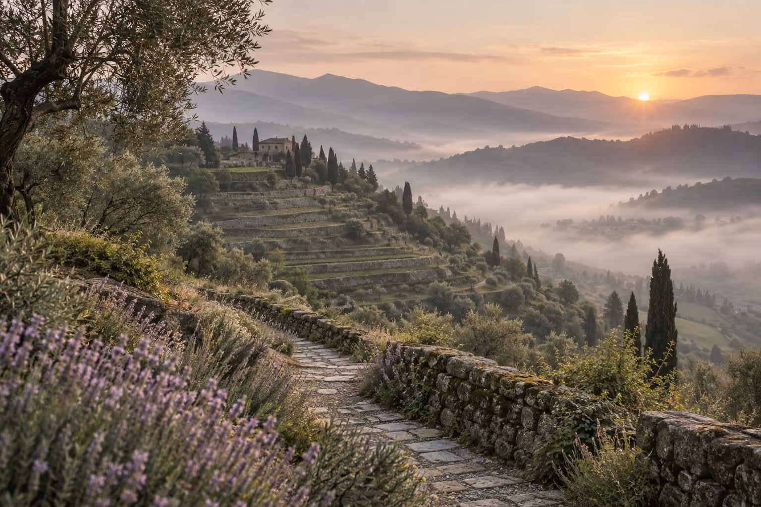 A path winding through misty hills at sunrise