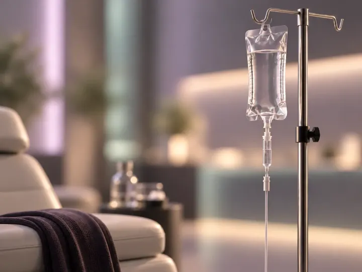 An IV bag and drip stand beside a chair.