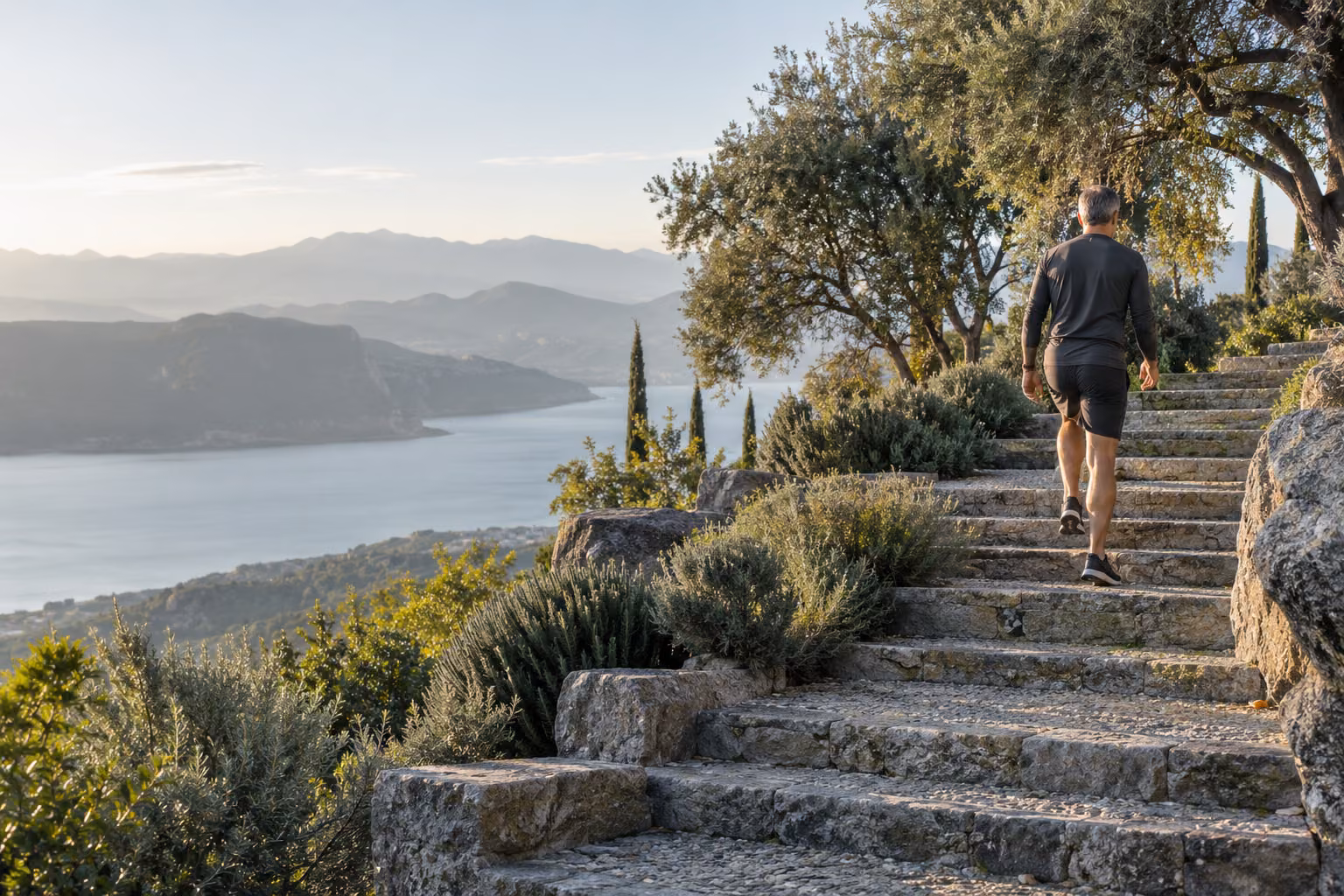 An adult walking up stone steps beside a lake