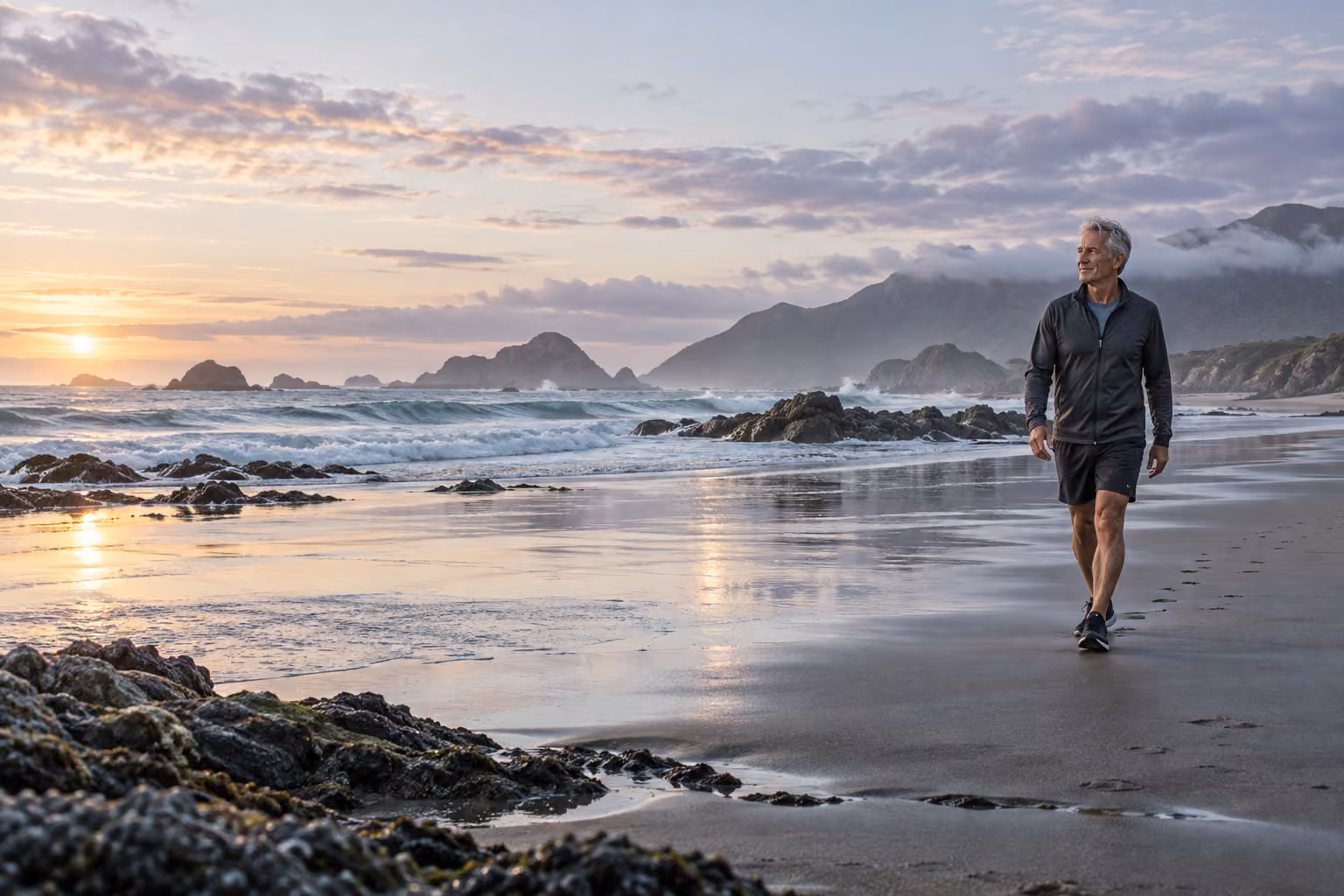 A man in his sixties walking on the beach