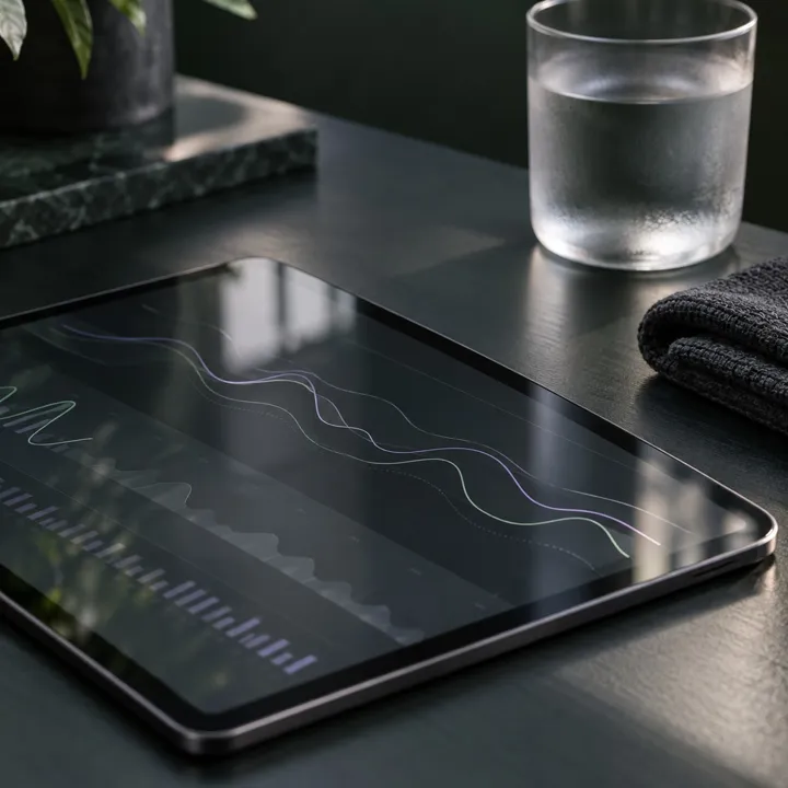 A tablet displaying line charts beside a glass of water.