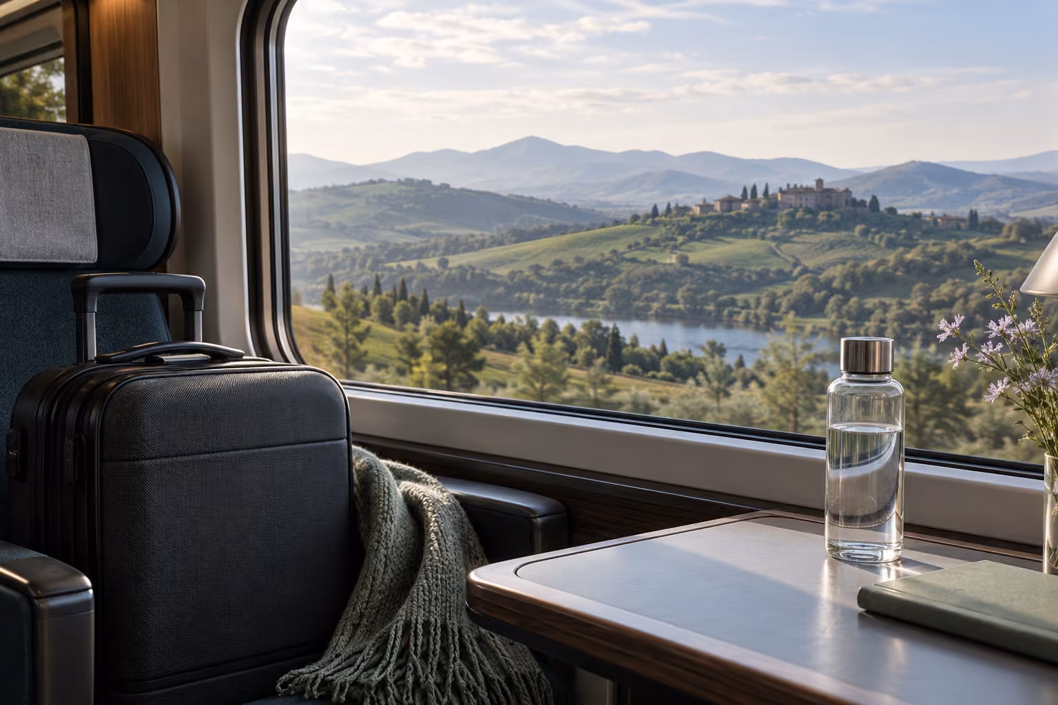 Train window seat with a suitcase looking out over green hills and a lake