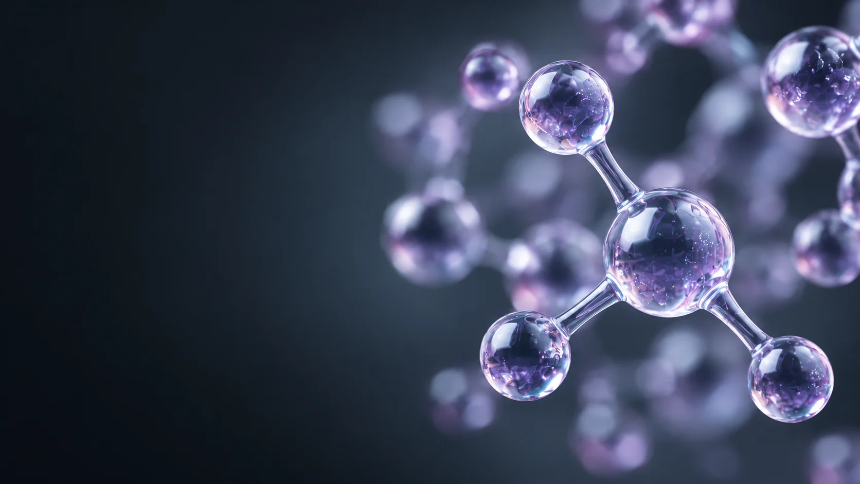 Abstract translucent molecular forms in lilac and steel on dark slate