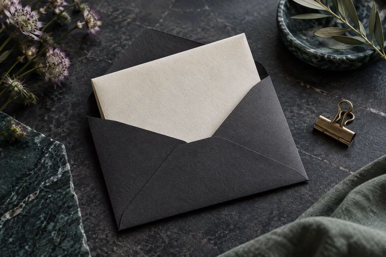 Sealed dark envelope holding a private note on a stone surface