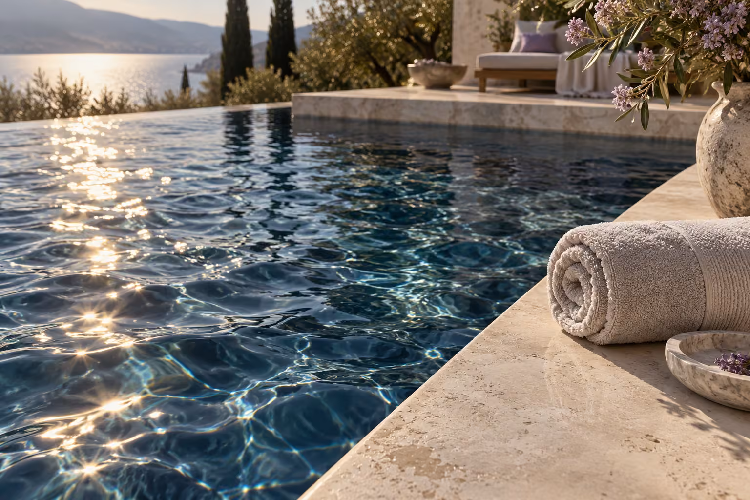 Sunlit pool with rolled towels resting on the stone edge