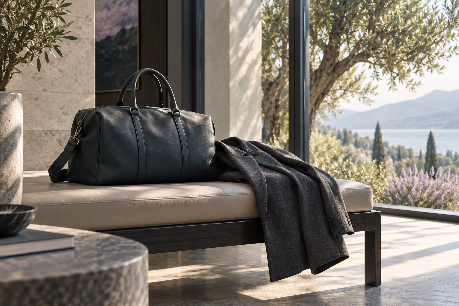 A travel bag and jacket by a sunlit window