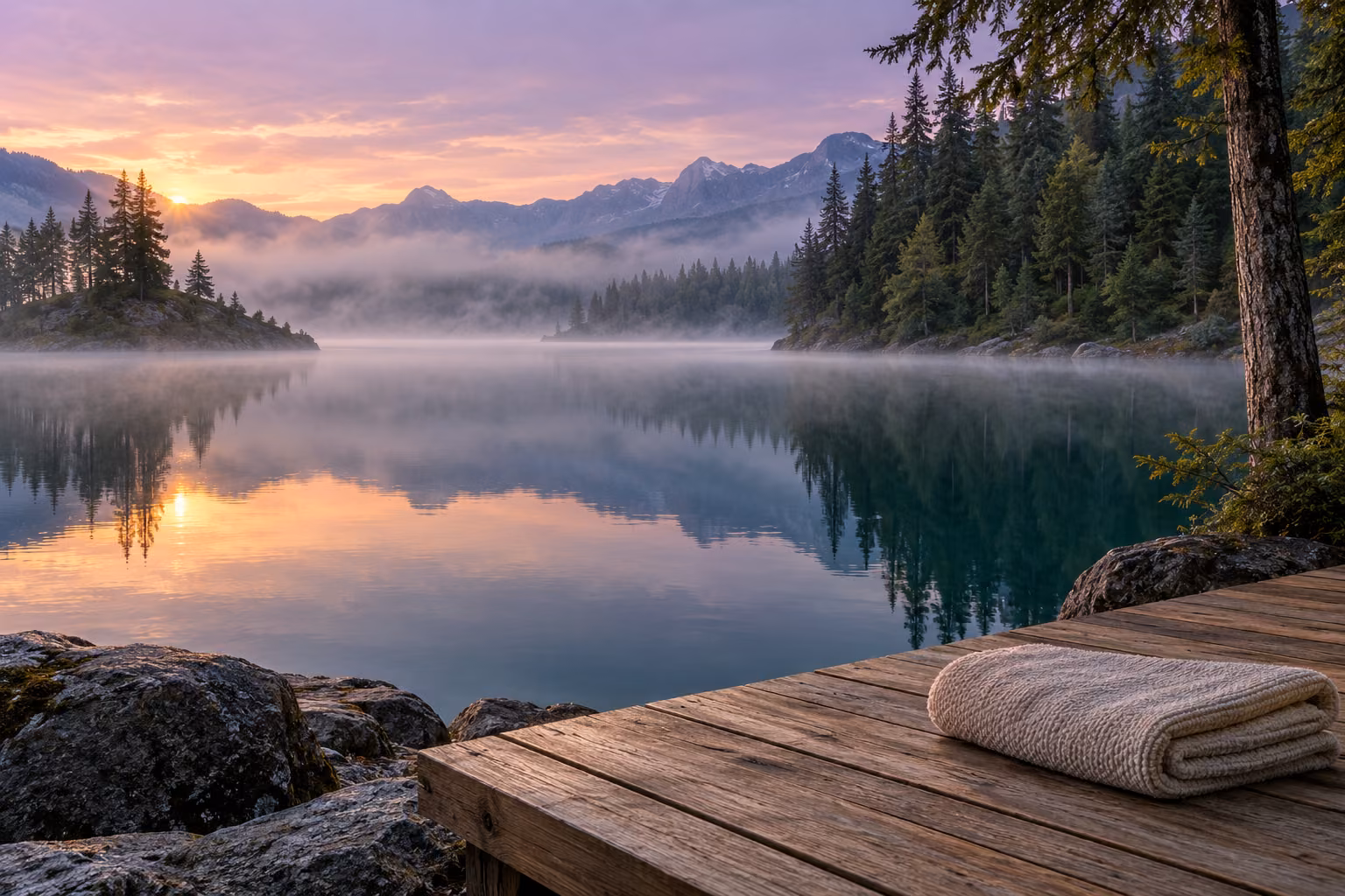 A quiet lake at sunrise with a towel on a wooden deck