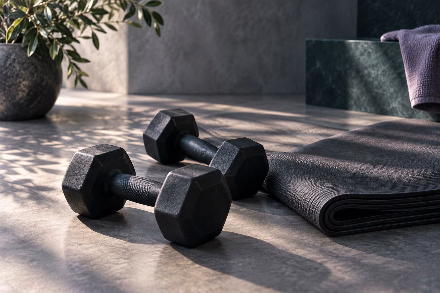 Dumbbells and an exercise mat in the studio