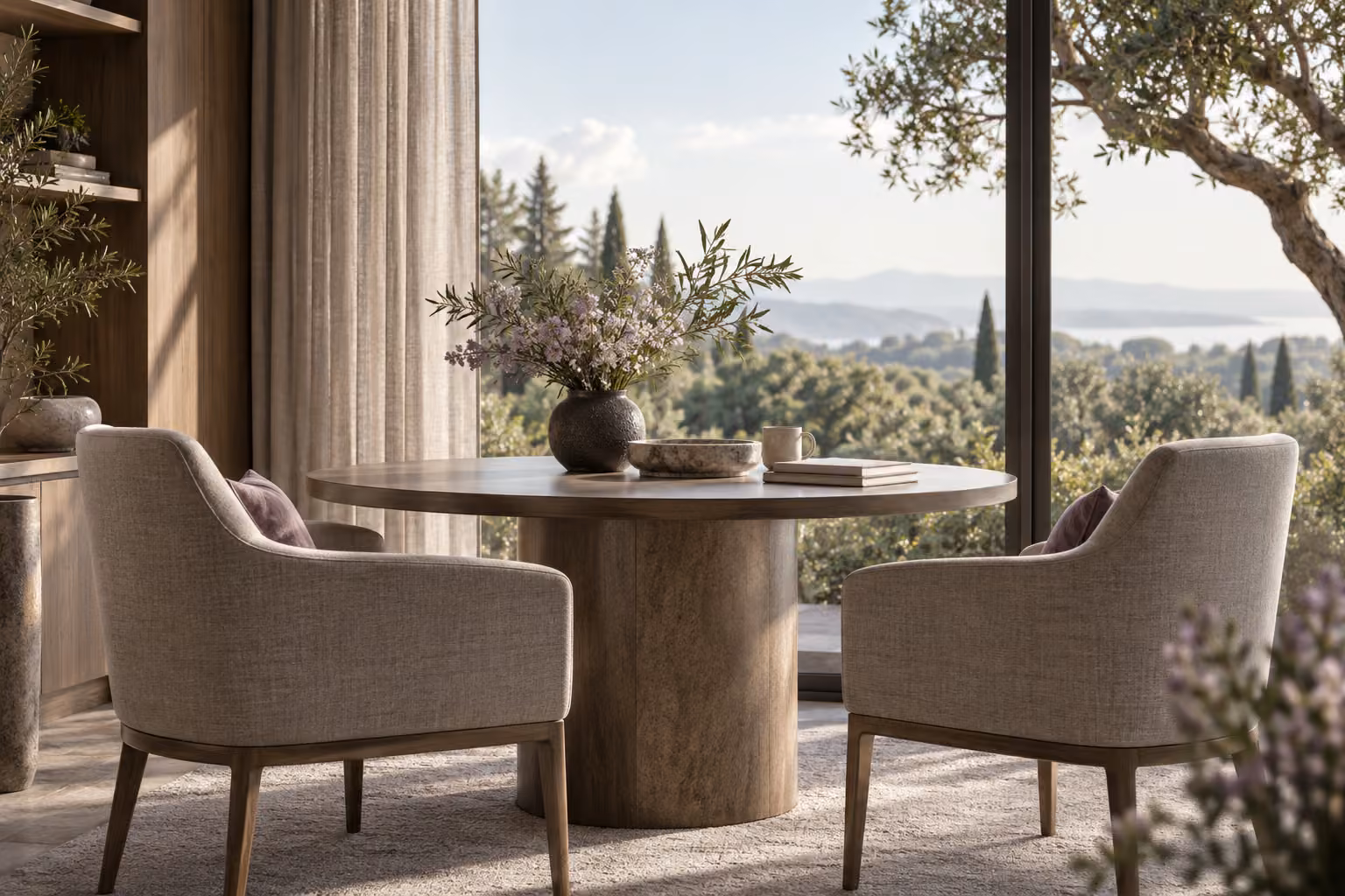 Two chairs at a table by a garden window