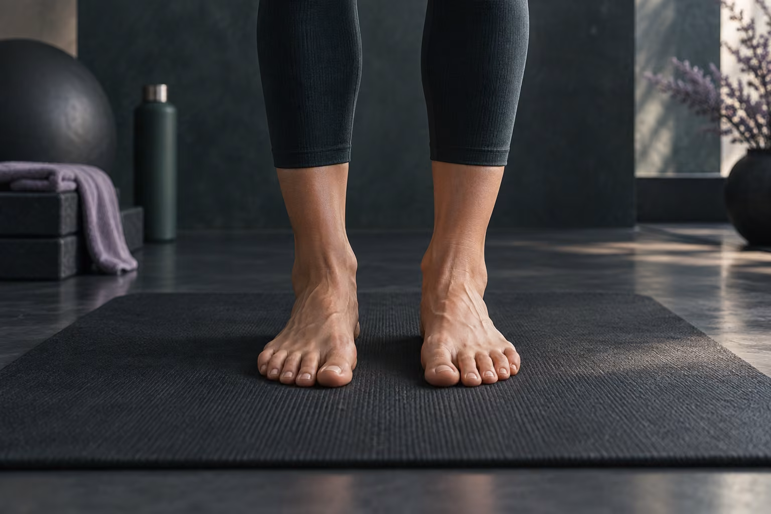 Bare feet standing on an exercise mat