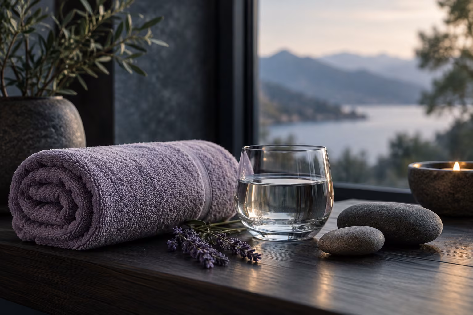 A rolled towel, water glass and stones