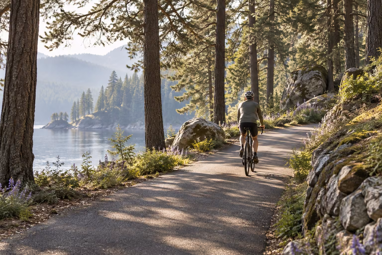 A man cycling on a forest trail
