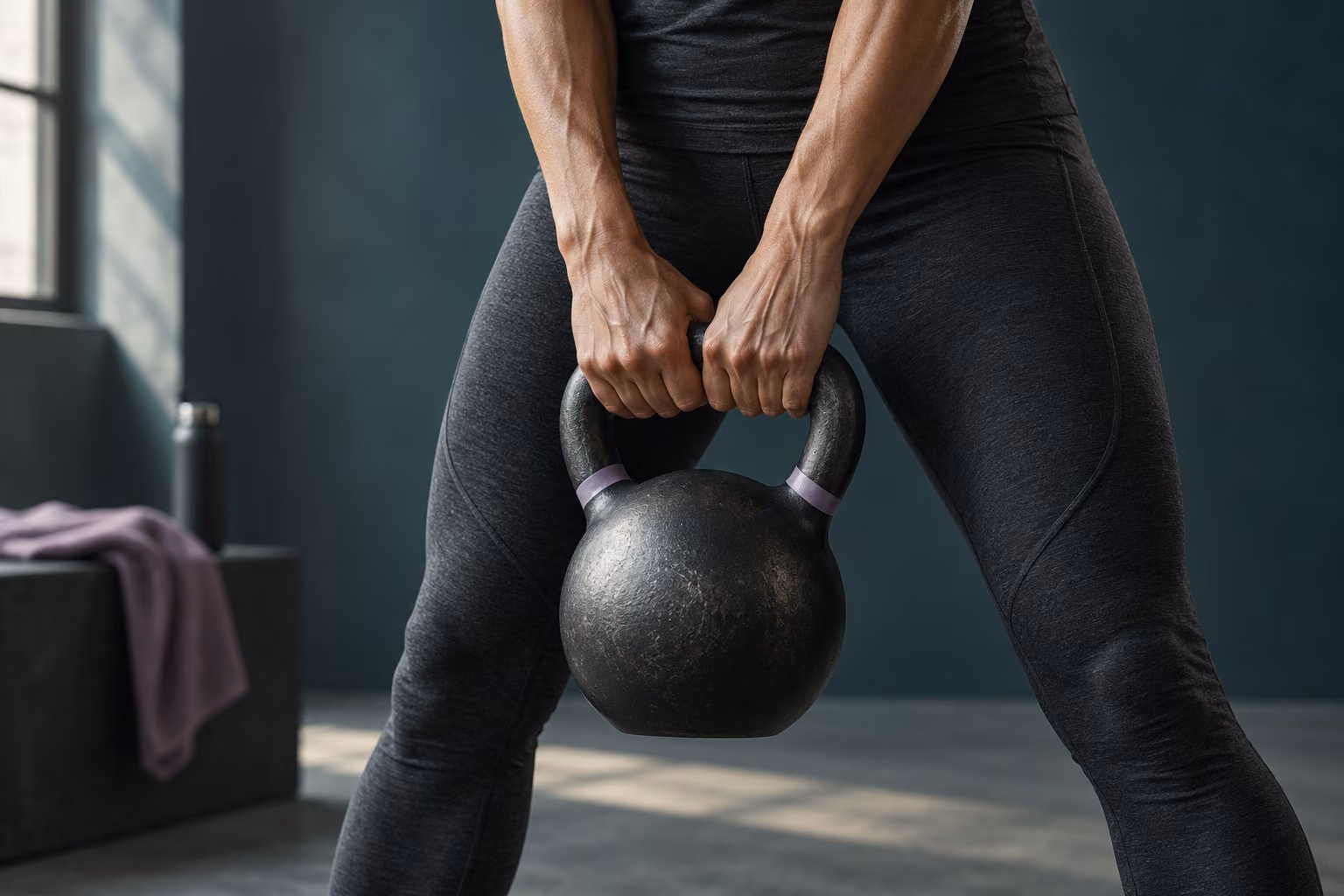 Hands holding a kettlebell in a softly lit studio