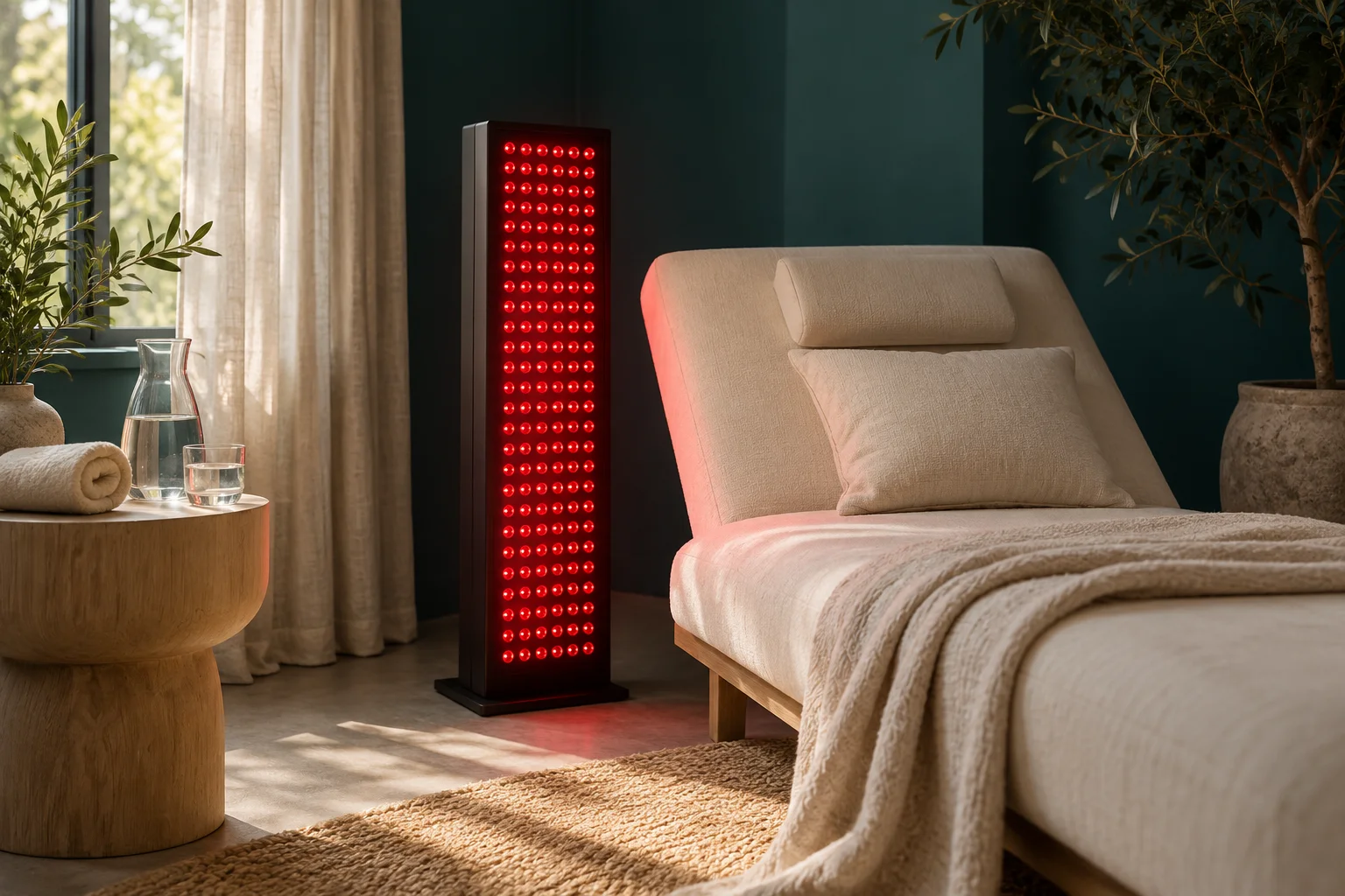Illustrative red-light therapy panel beside a cream treatment chair.