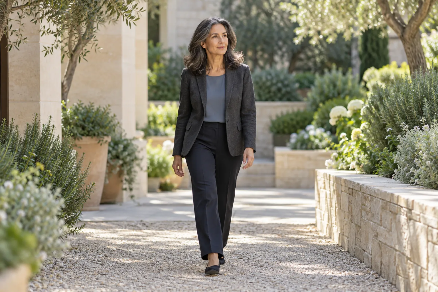 Illustrative scene of a business leader taking a quiet walk through a landscaped courtyard.
