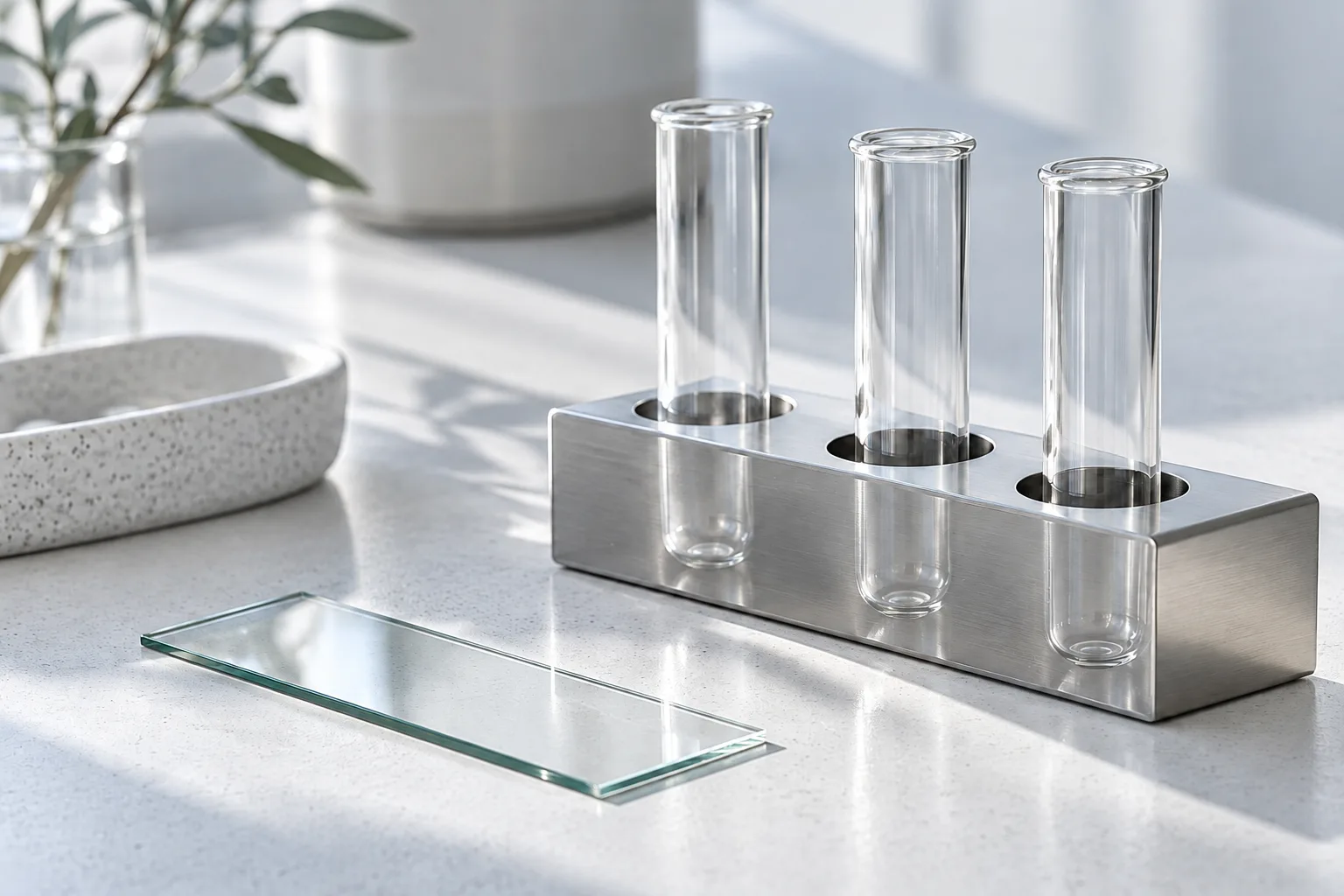 Illustration: Clear empty specimen tubes and a glass slide on a softly lit neutral surface.