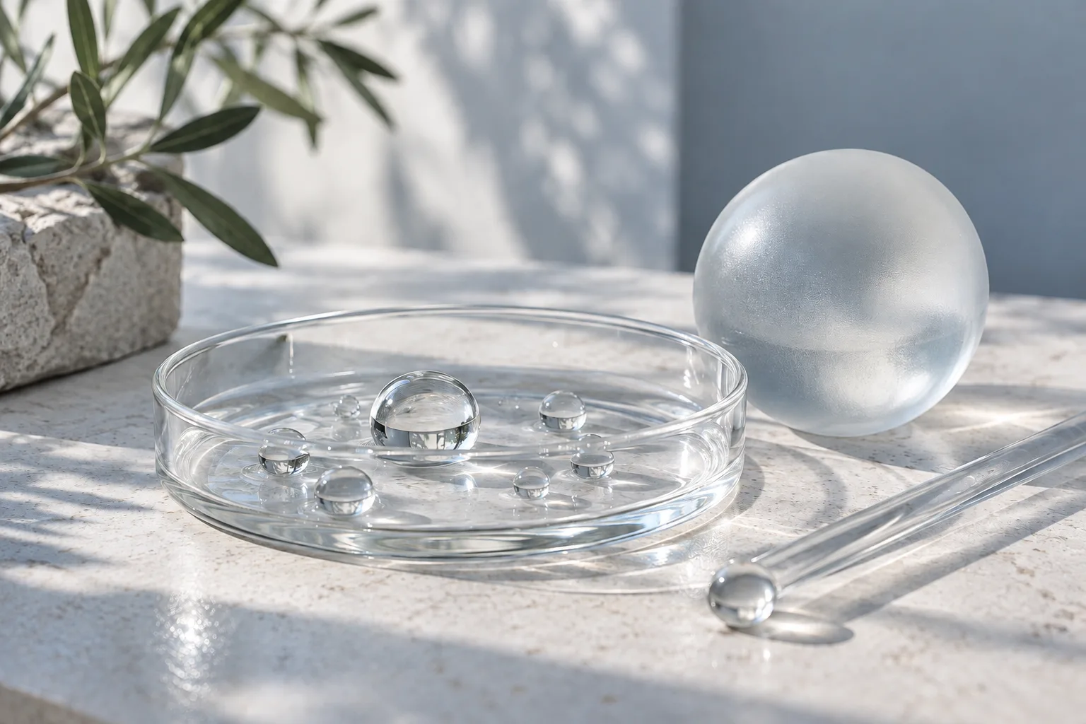 Illustration: Abstract arrangement of clear glass shapes and a laboratory dish in soft natural light.