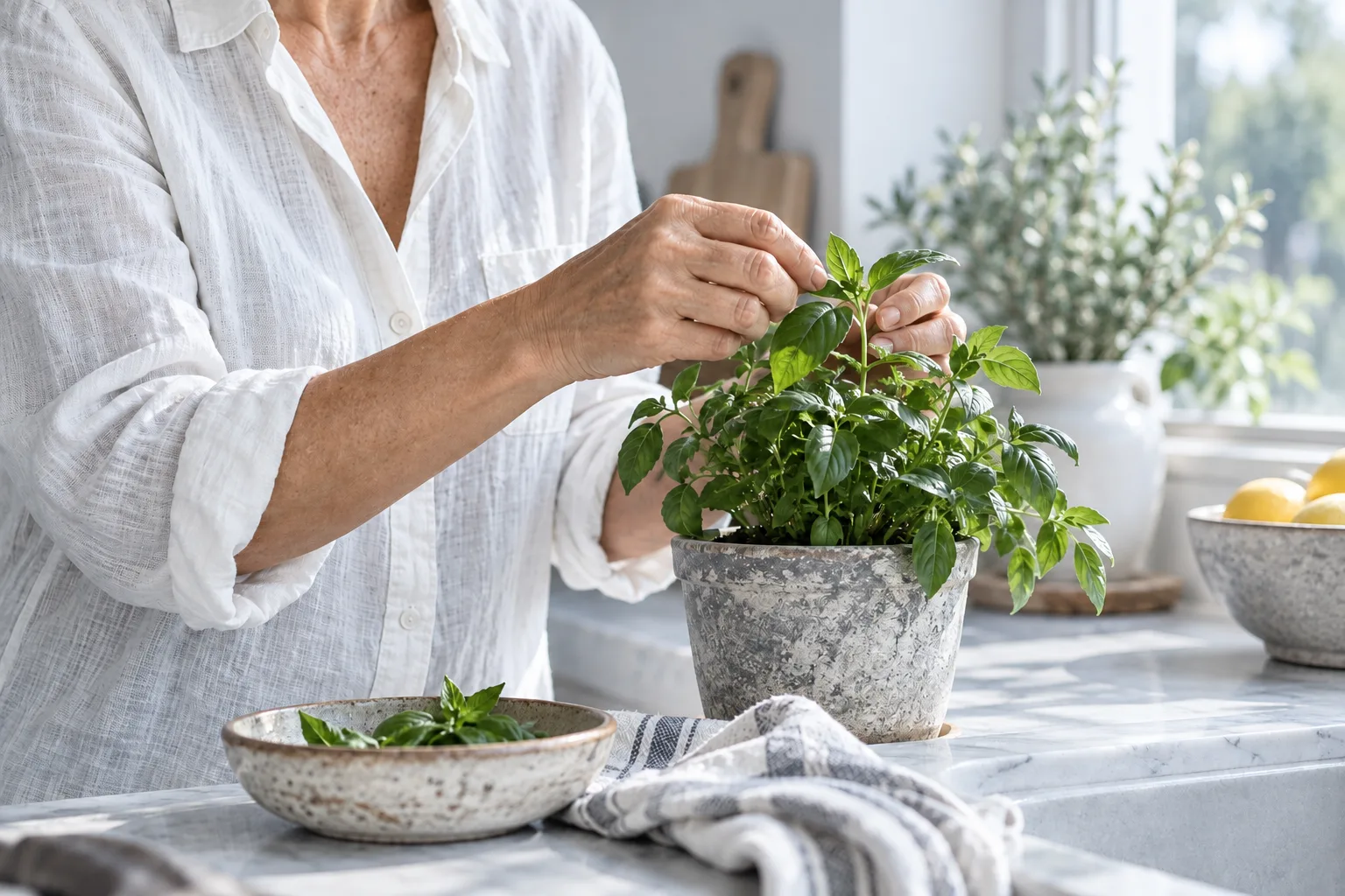 Illustration: Midlife woman tending a green herb plant in soft window light, with her face out of frame.