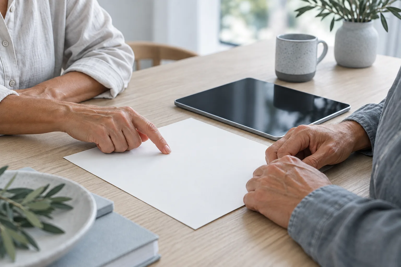 Illustration: Two adults’ hands collaborating over blank paper beside a dark tablet.