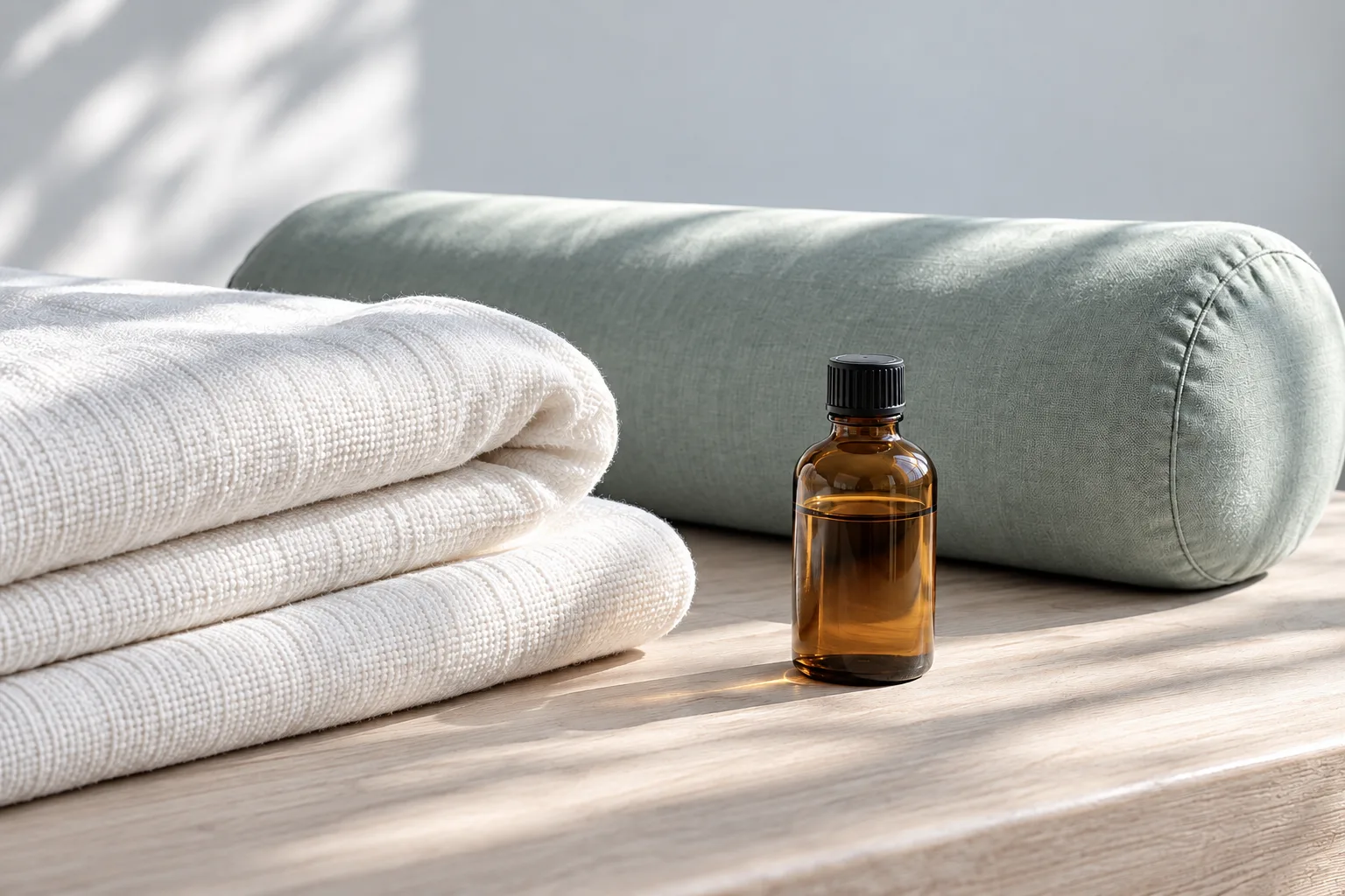 Illustration: Folded off-white towels, a sage bolster and an unlabelled amber oil bottle.