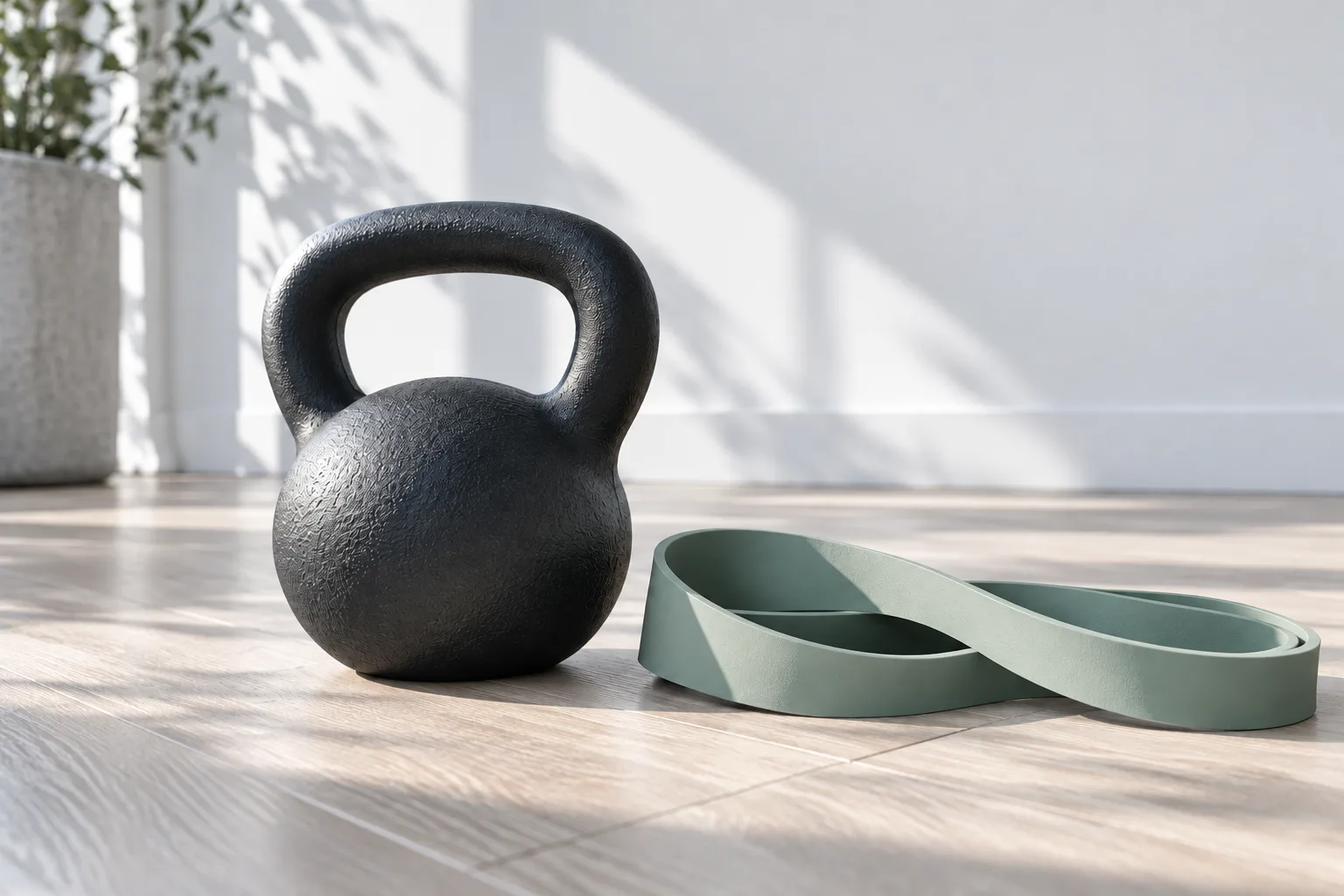Illustration: Charcoal kettlebell and sage resistance band on a softly lit pale wood floor.