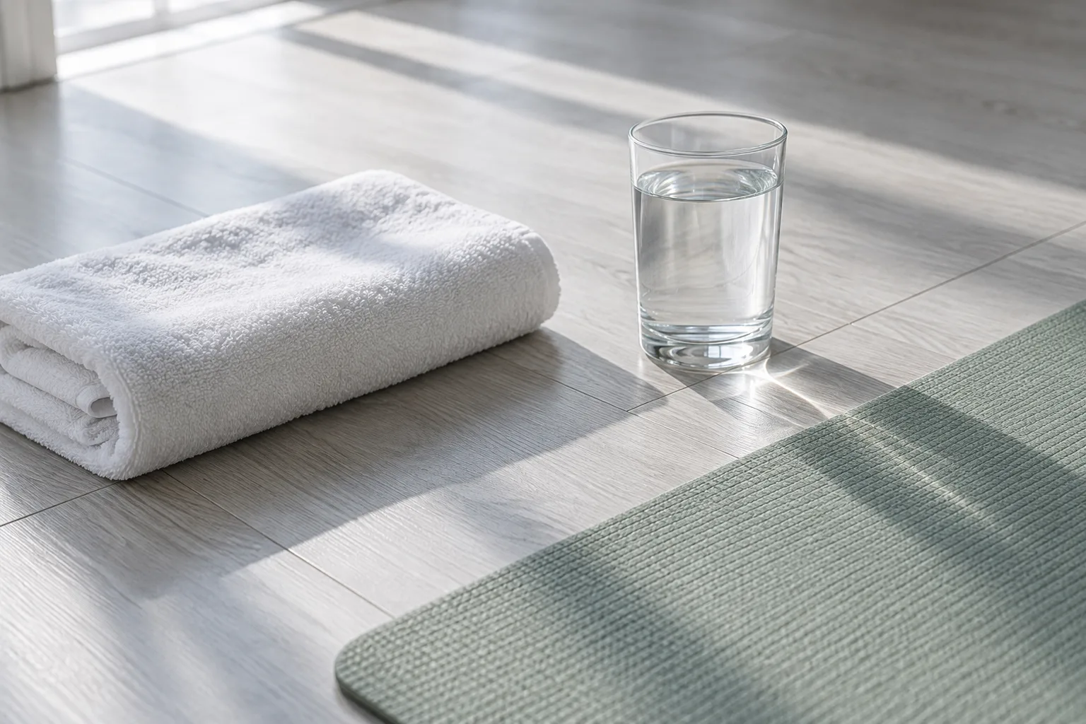 Illustration: Folded white towel and a glass of water beside a sage exercise mat.