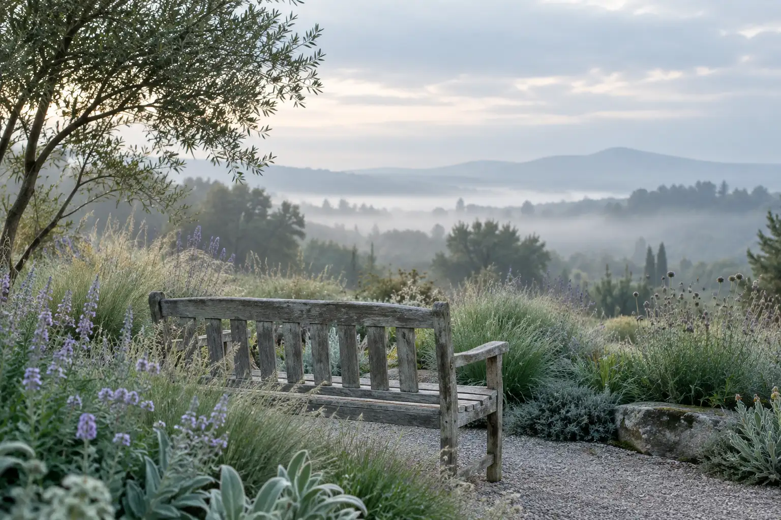 Illustration: Weathered garden bench surrounded by sage foliage and lilac flowers at misty dawn.