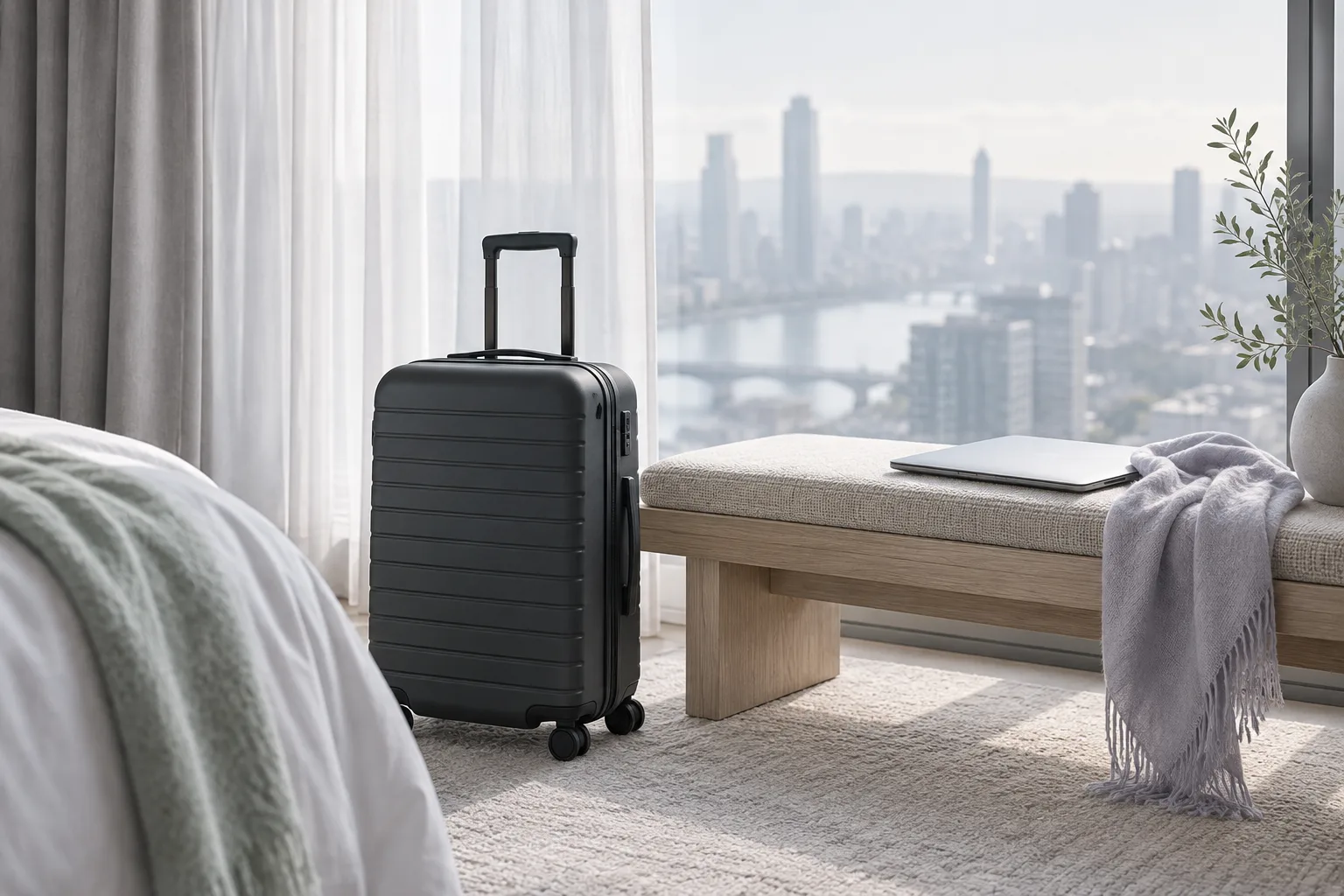 Illustration: Charcoal carry-on suitcase and a closed laptop beside a softly lit hotel window.