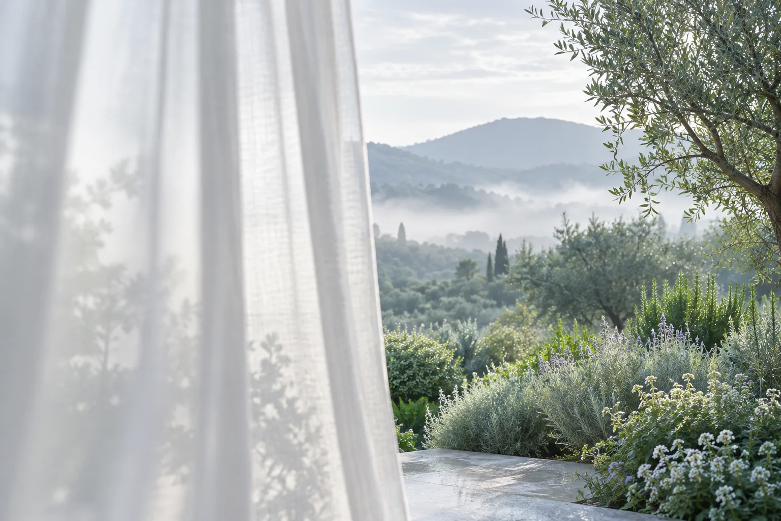 Illustration: Pale curtain framing a peaceful garden and misty blue-gray landscape.