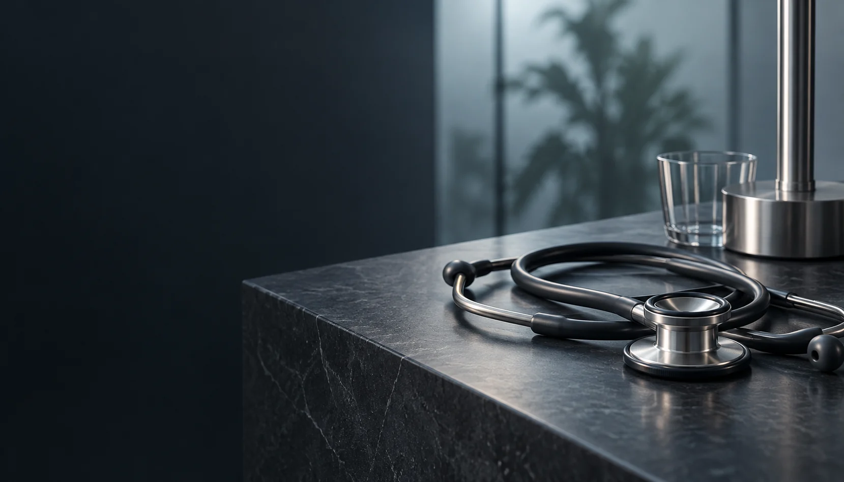 Illustration: A charcoal stethoscope on a slate ledge in cool light.