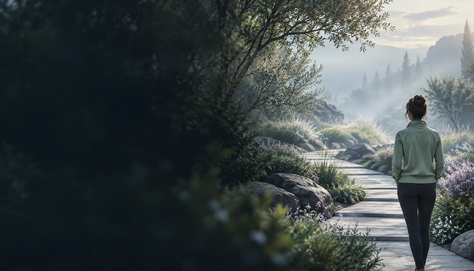 Illustration: An adult pauses on a curving garden path in soft morning light.