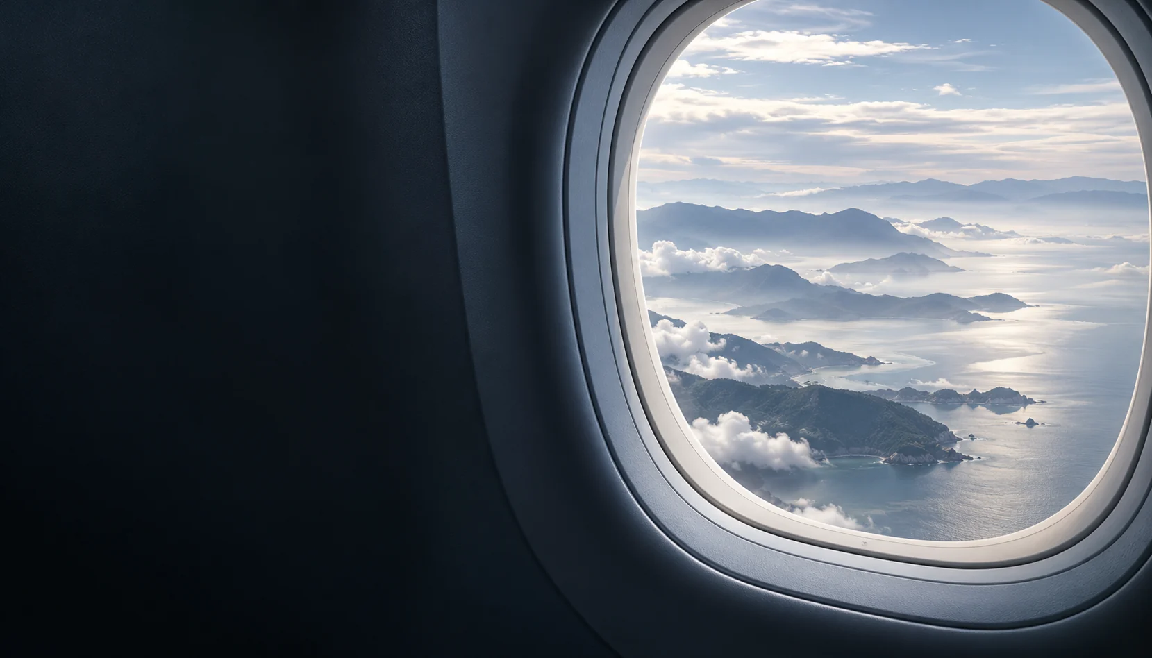 Illustration: A blue-gray coastline and mountains viewed through an oval travel window.