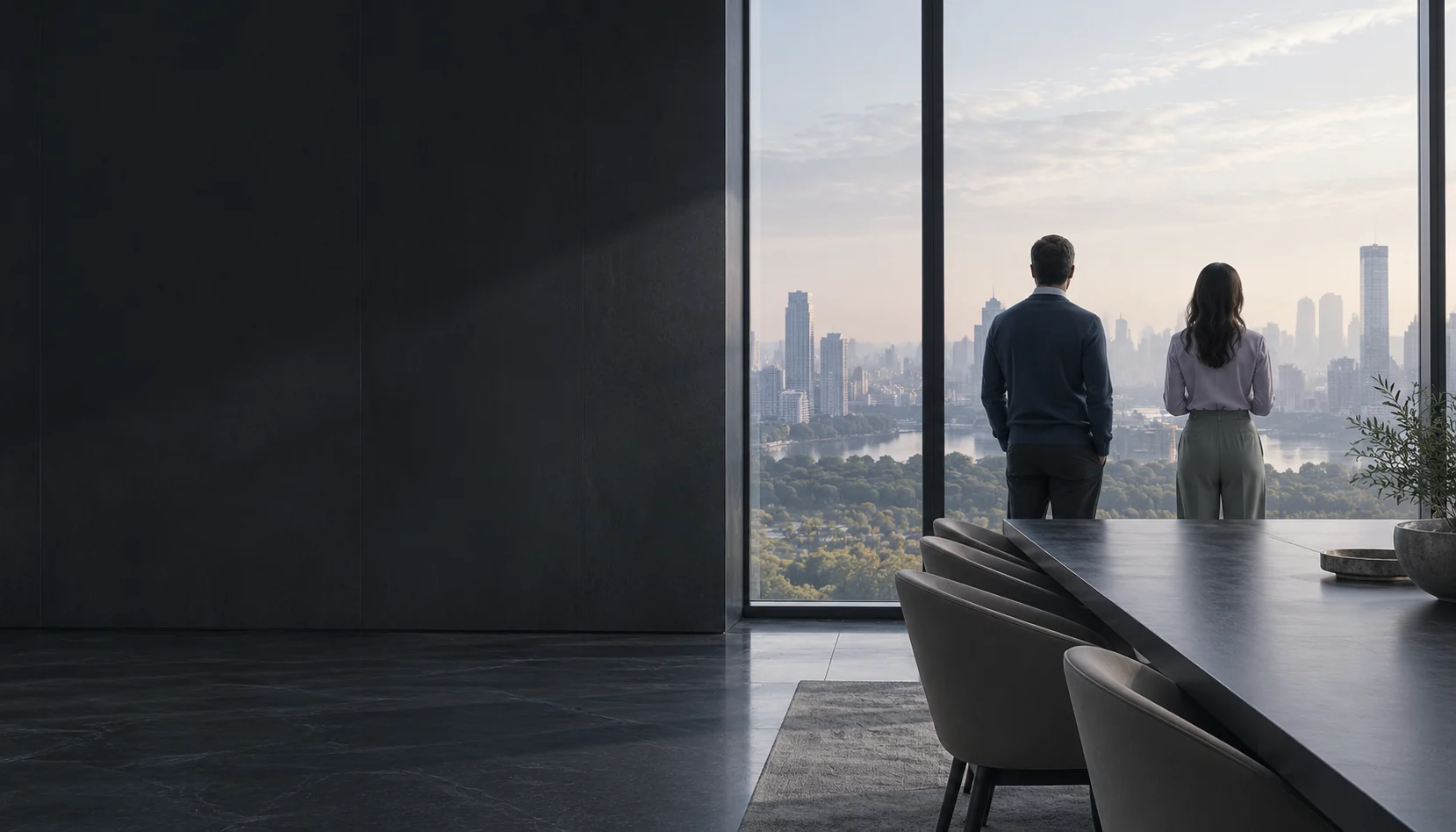 Illustration: Two adults at a window in a quiet contemporary workplace.