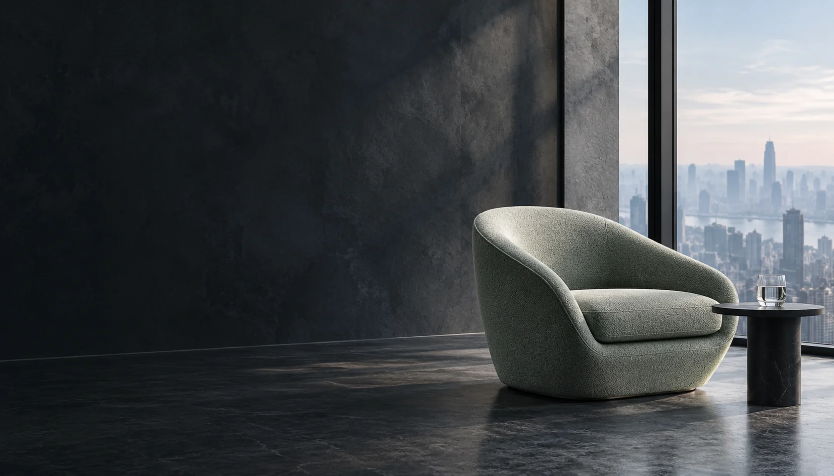 Illustration: A sculptural lounge chair and water glass beside a hazy city view.