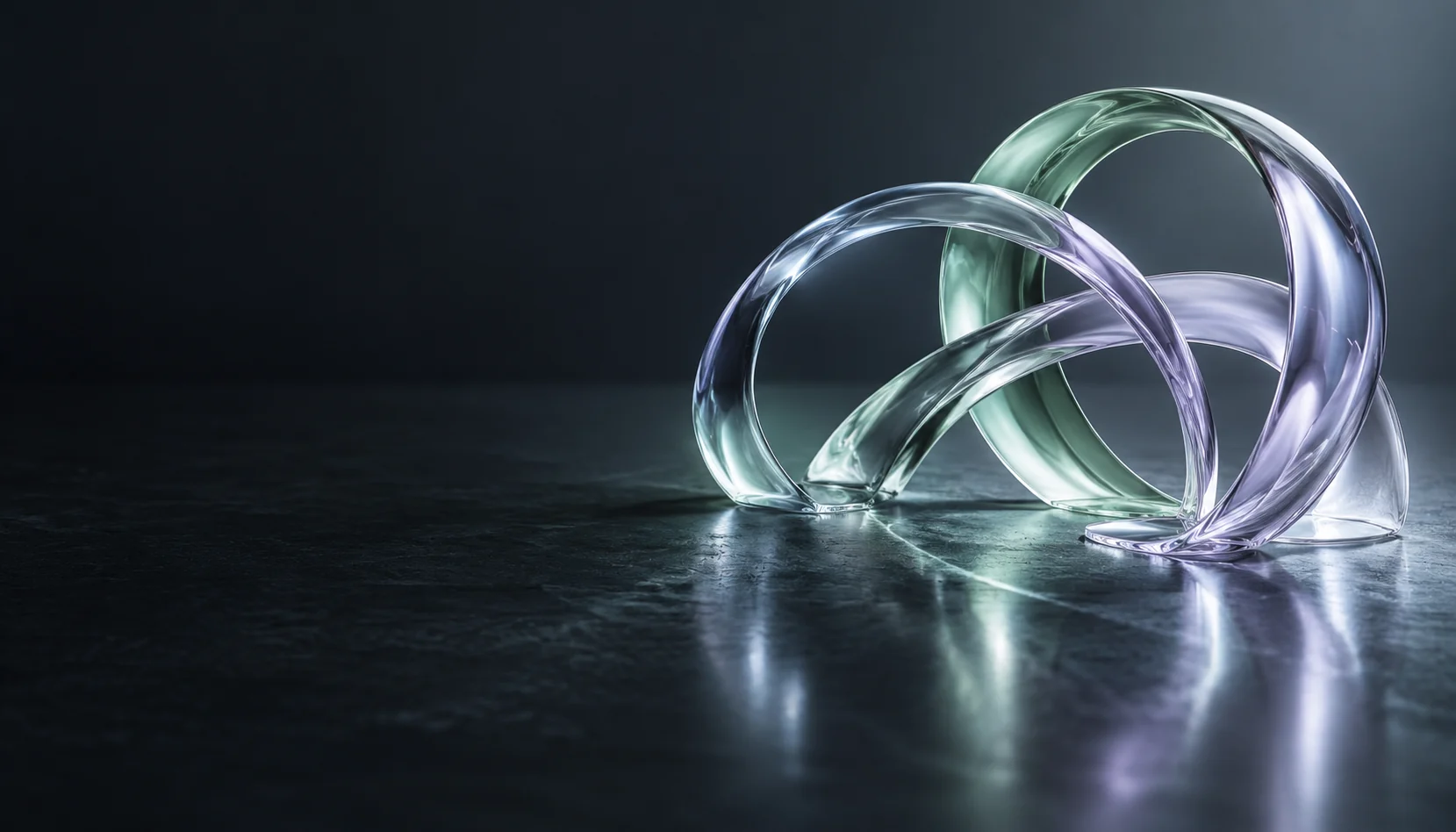 Illustration: Intersecting translucent glass arcs with steel, lilac and sage reflections.