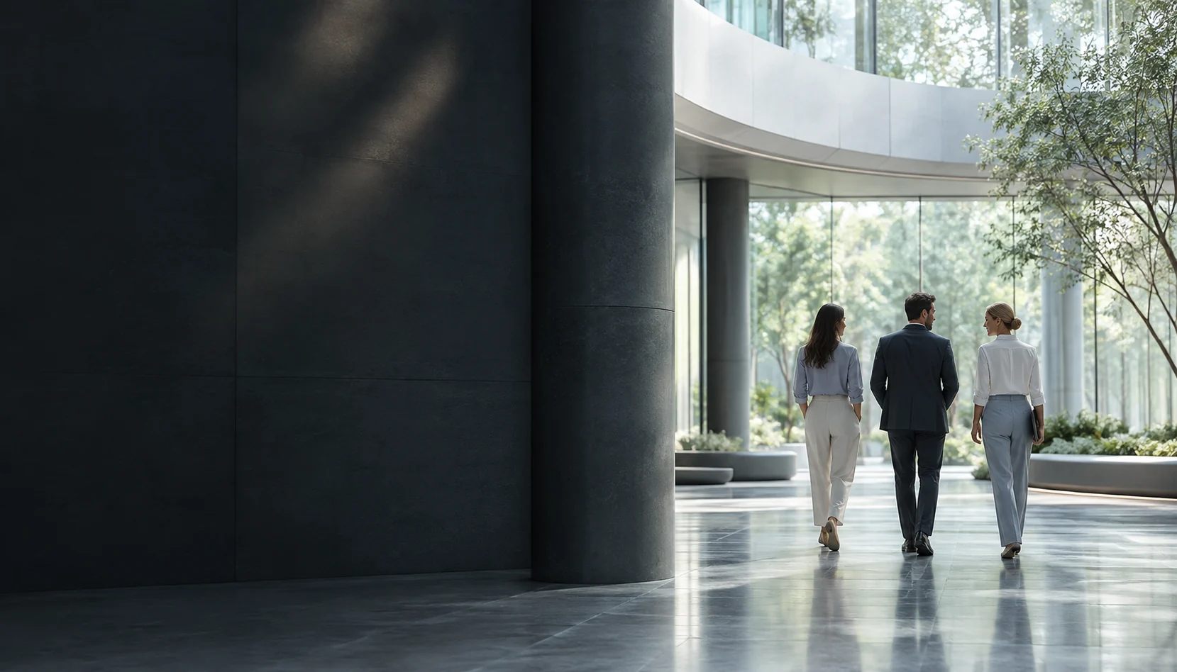 Illustration: Three adult colleagues walking through a softly lit contemporary atrium.