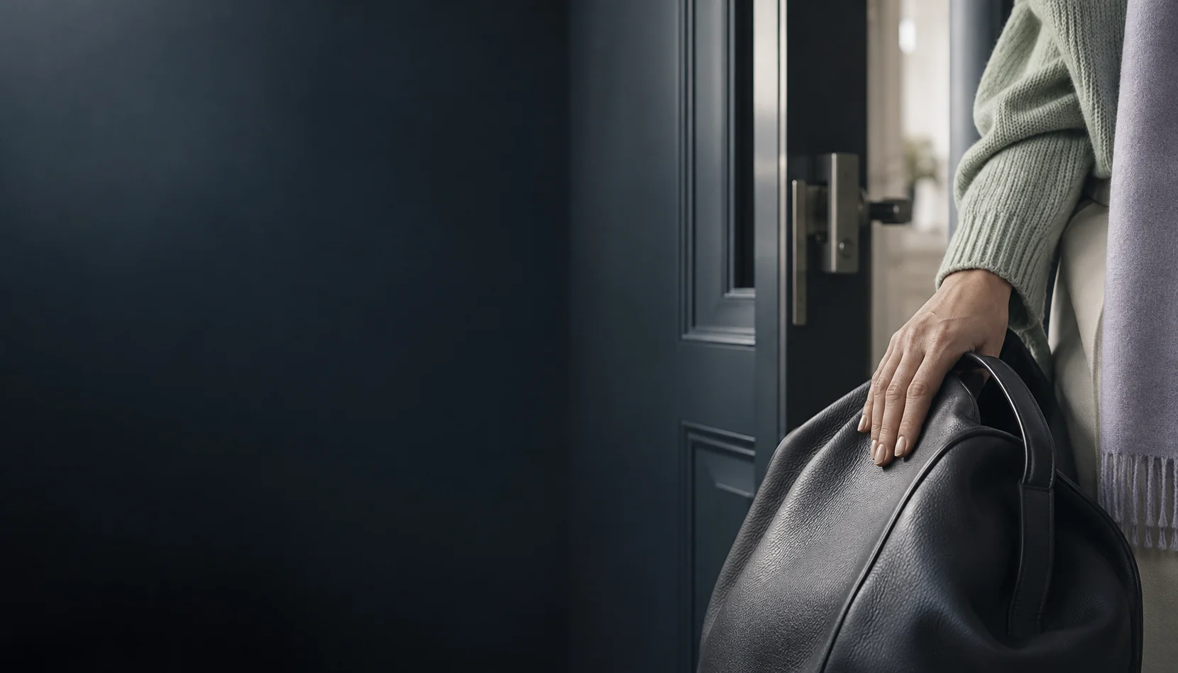 Illustration: An adult’s hand on a charcoal bag beside a softly lit doorway.