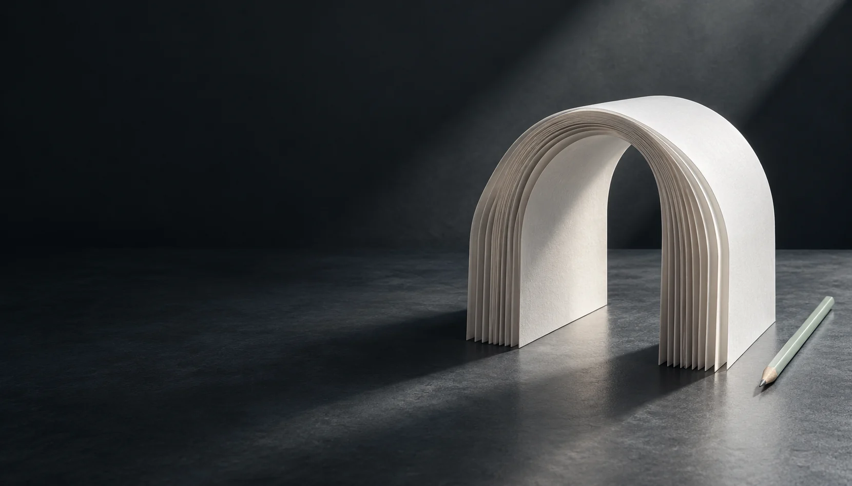 Illustration: Folded blank paper and a fine pencil on a dark steel surface.