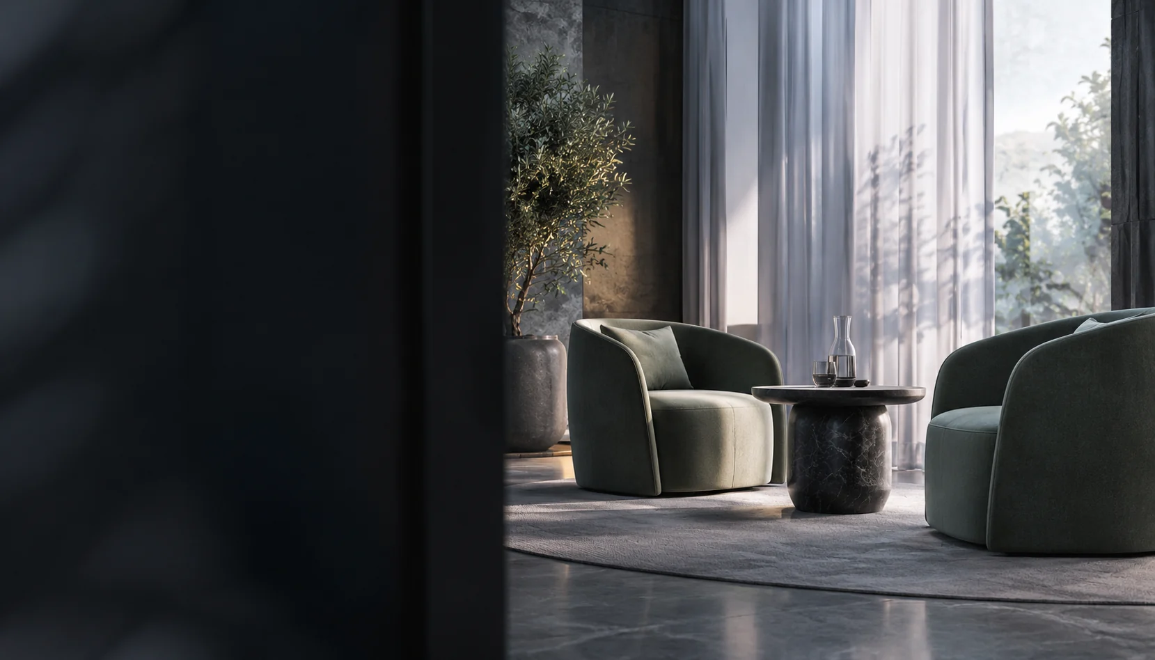 Illustration: Two chairs facing one another in a quiet, softly lit seating alcove.