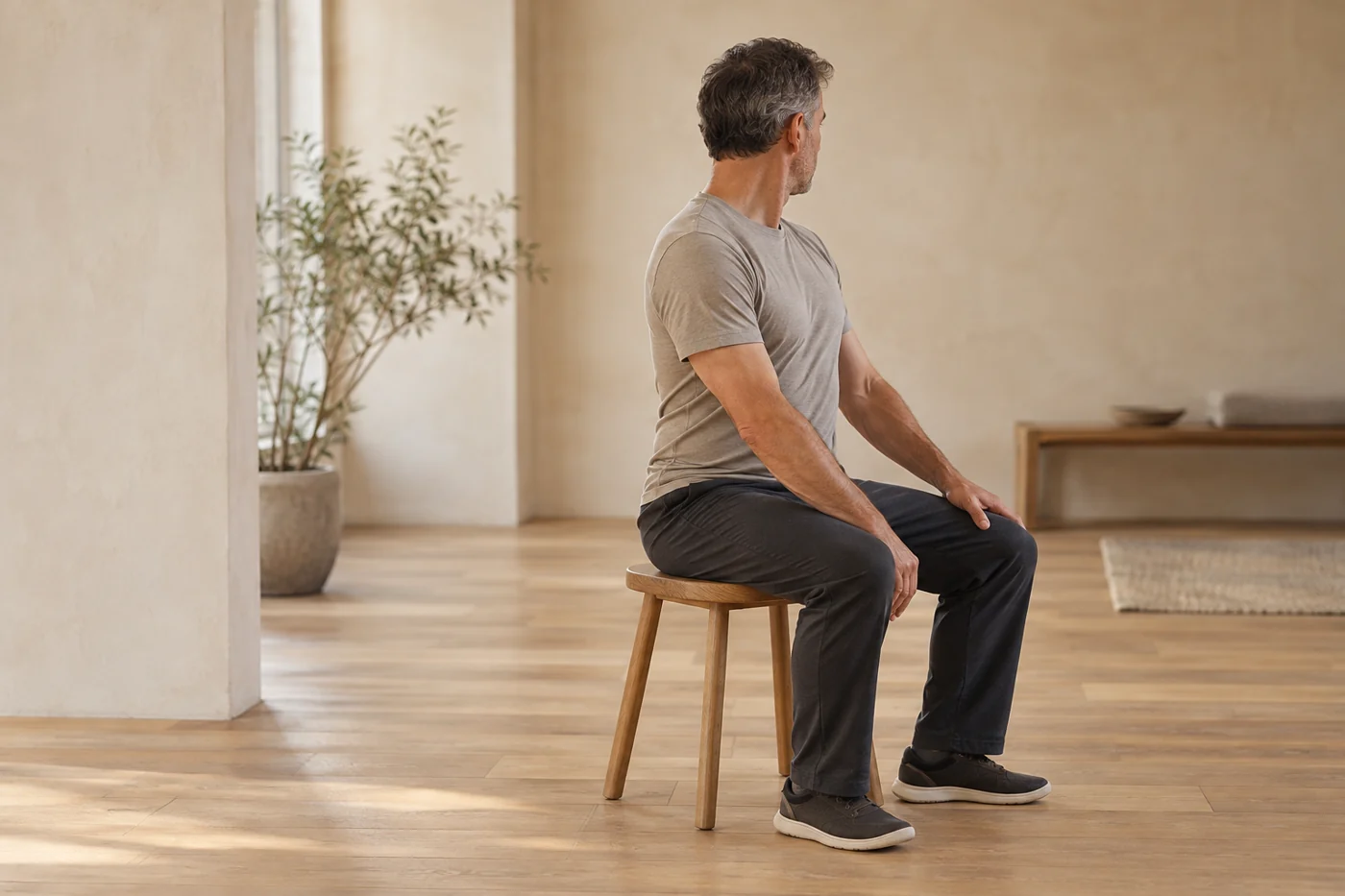 Illustrative image of an adult seated on a stool and gently turning his torso.