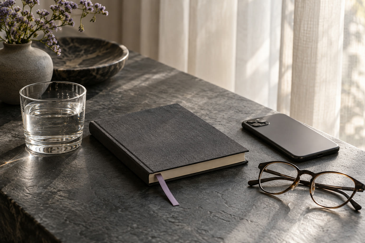 Illustration: A notebook, phone, reading glasses and water on a table.
