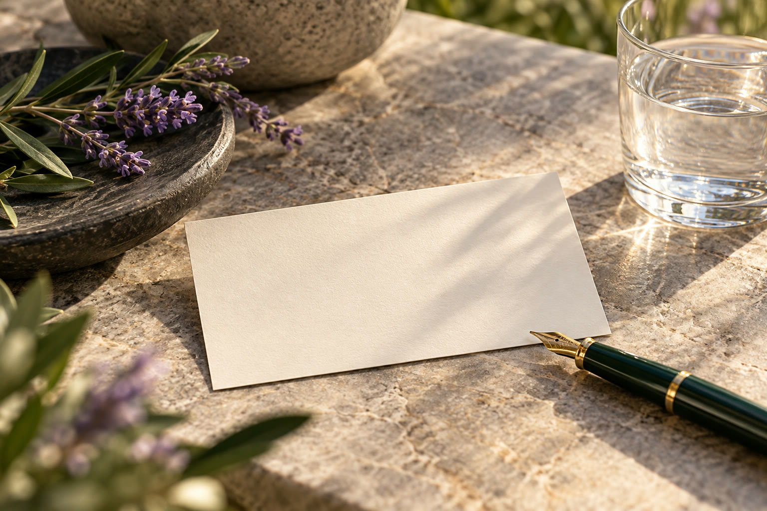 Illustration: A blank card, fountain pen and glass of water.