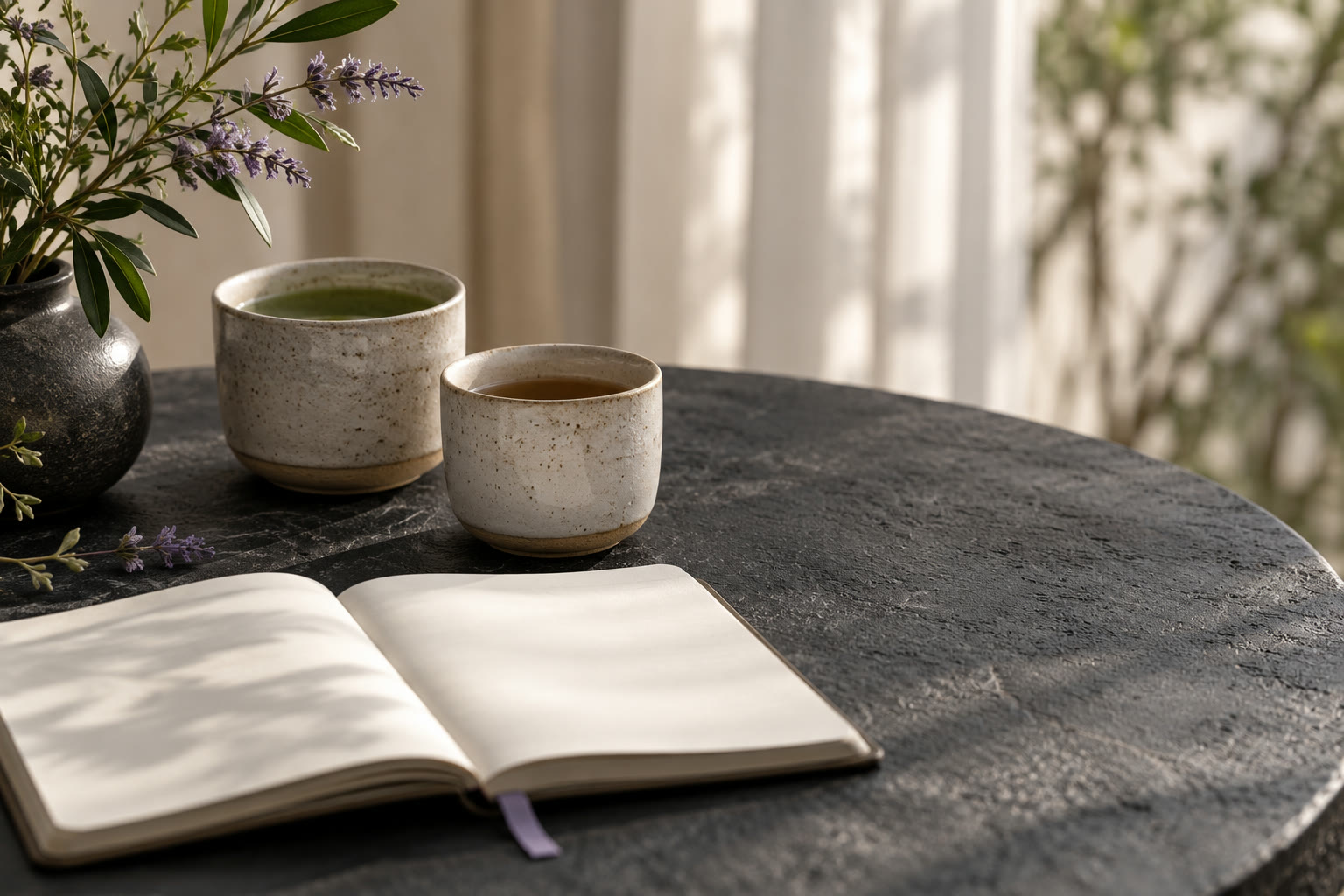 Illustration: Two ceramic cups beside an open notebook.