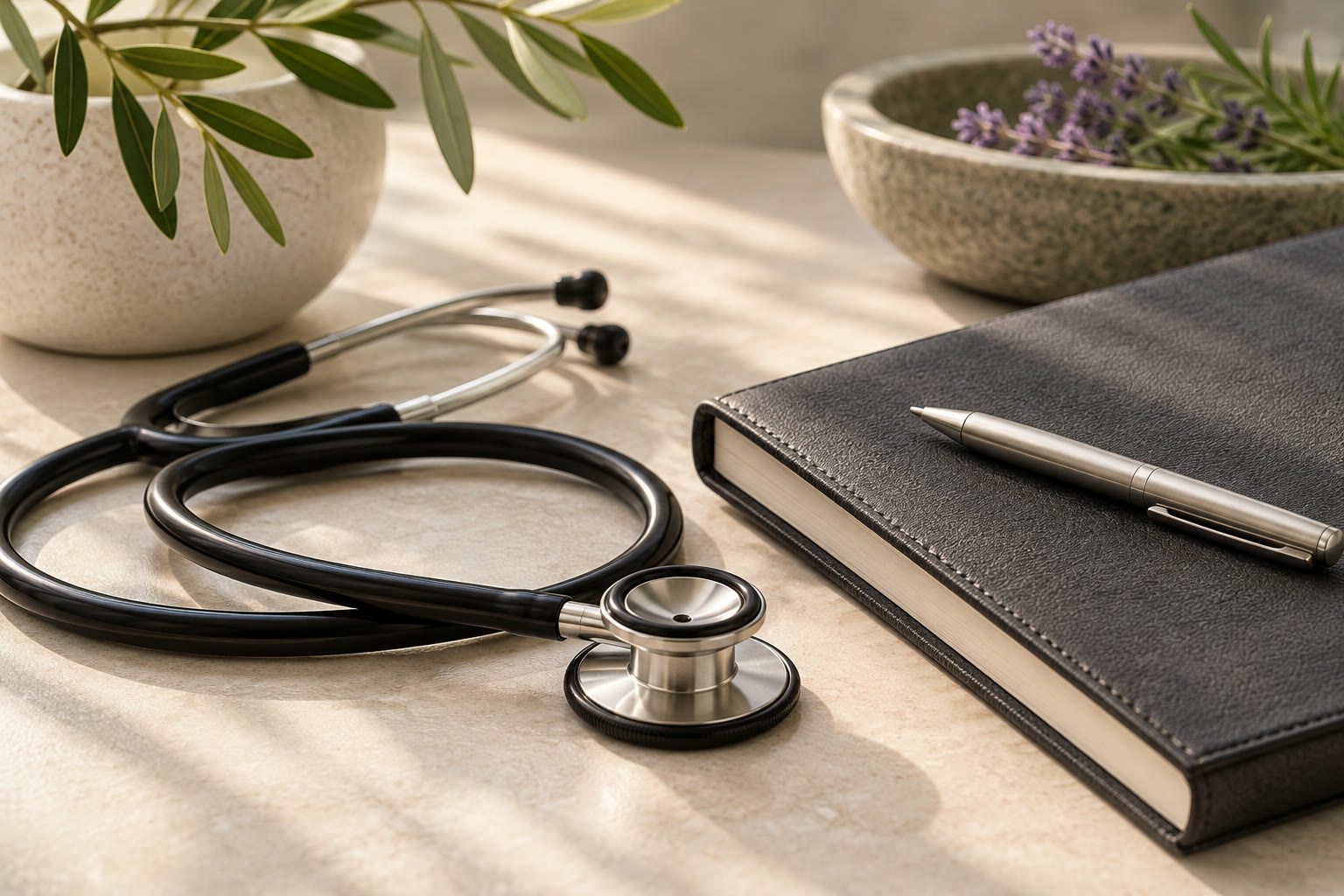 Stethoscope and a leather notebook with a pen on a sunlit desk