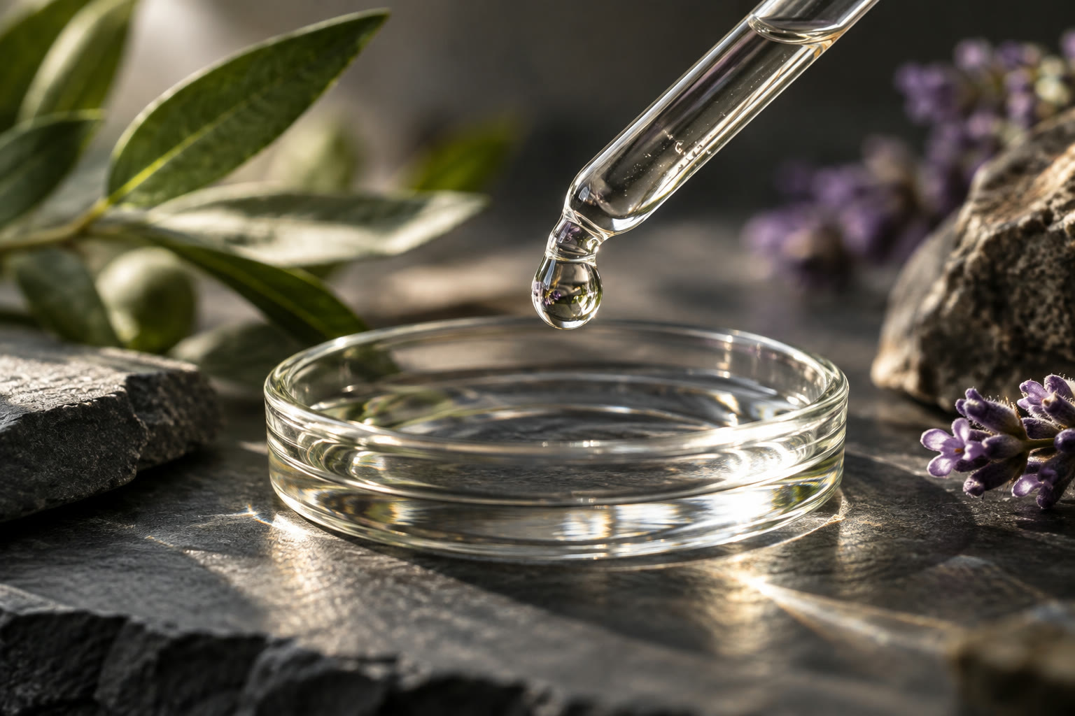 Illustration: A drop suspended from a glass pipette above a clear dish.